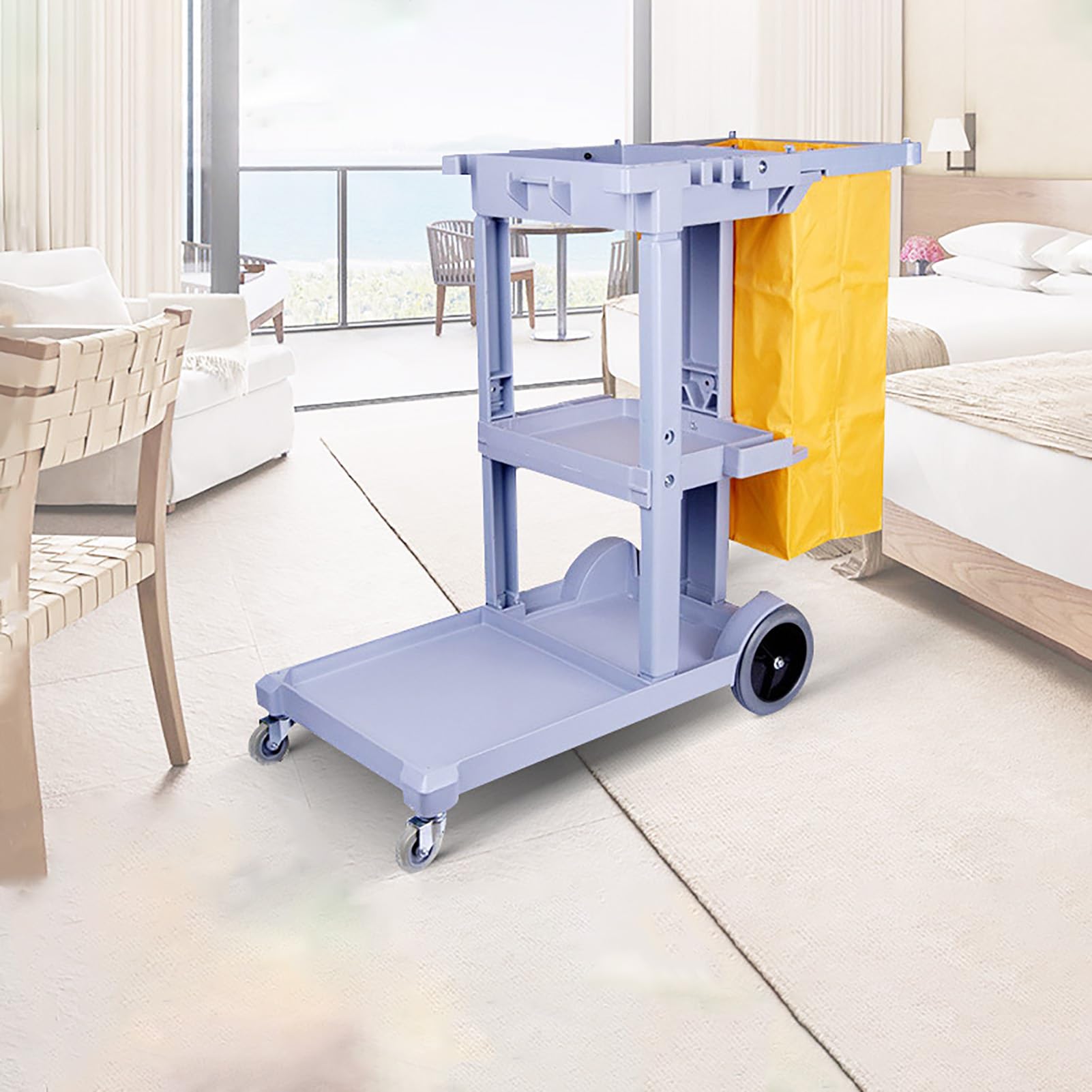 Dieser Reinigungswagen auf Rädern mit Vinylbeutel und Deckel, 3 Ablagen, ist ein vielseitiger Reinigungswagen für Einkaufszentren, Hotels und Büros in Grau. Er eignet sich ideal für den gewe