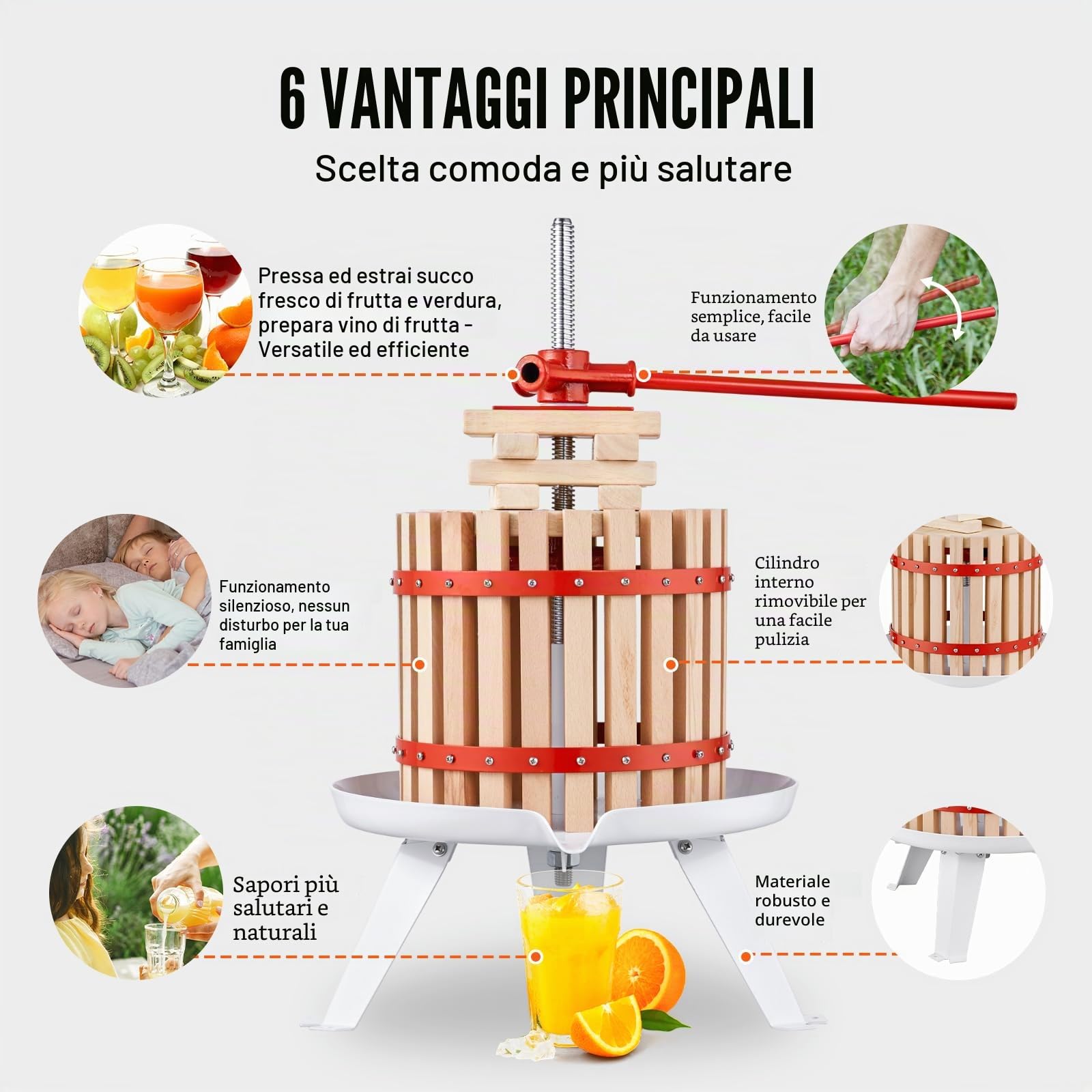 VEVOR Torchio Manuale per Vini di Frutta 6 Litri 1,6 Galloni Torchietto Pressa per Succo Spremiagrumi con Impugnatura con Cestello in Legno Massello Estrattore per Olio d'Oliva UVA Mela Verdure Miele