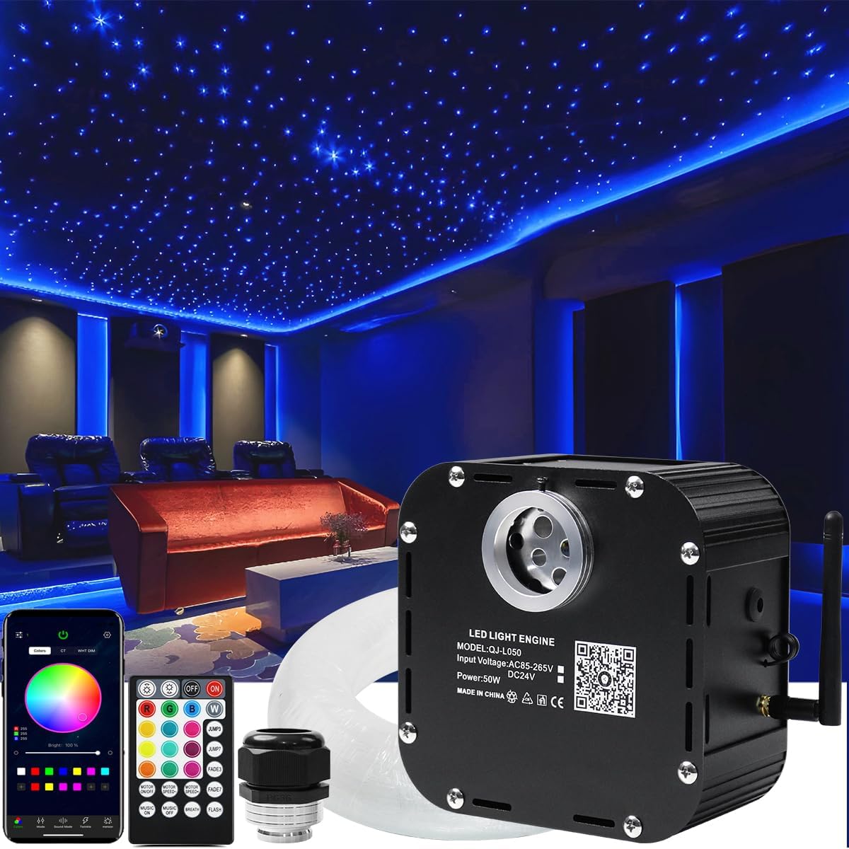 AZIMOM High Brightness 50W Twinkle Fiber Optic Starlight Kits Mixed800pcs 16.5ft Fiber Strands End Glow Sound Activated Bluetooth/APP Remote Control Theater Ceiling Home Shop Lobby Roof Decor 800pcs*(0.03in+0.04+0.06)*16.5ft