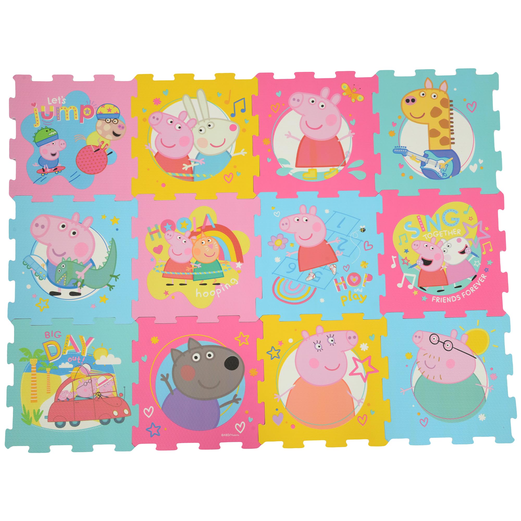 Peppa Pig Schaumstoff-Spielmatten | Weiche Baby Kleinkind Bodenmatte Fliesen für Laufstall, Bauchzeit | 10 mm dick ineinandergreifende 12-teilige Matte für Kinder