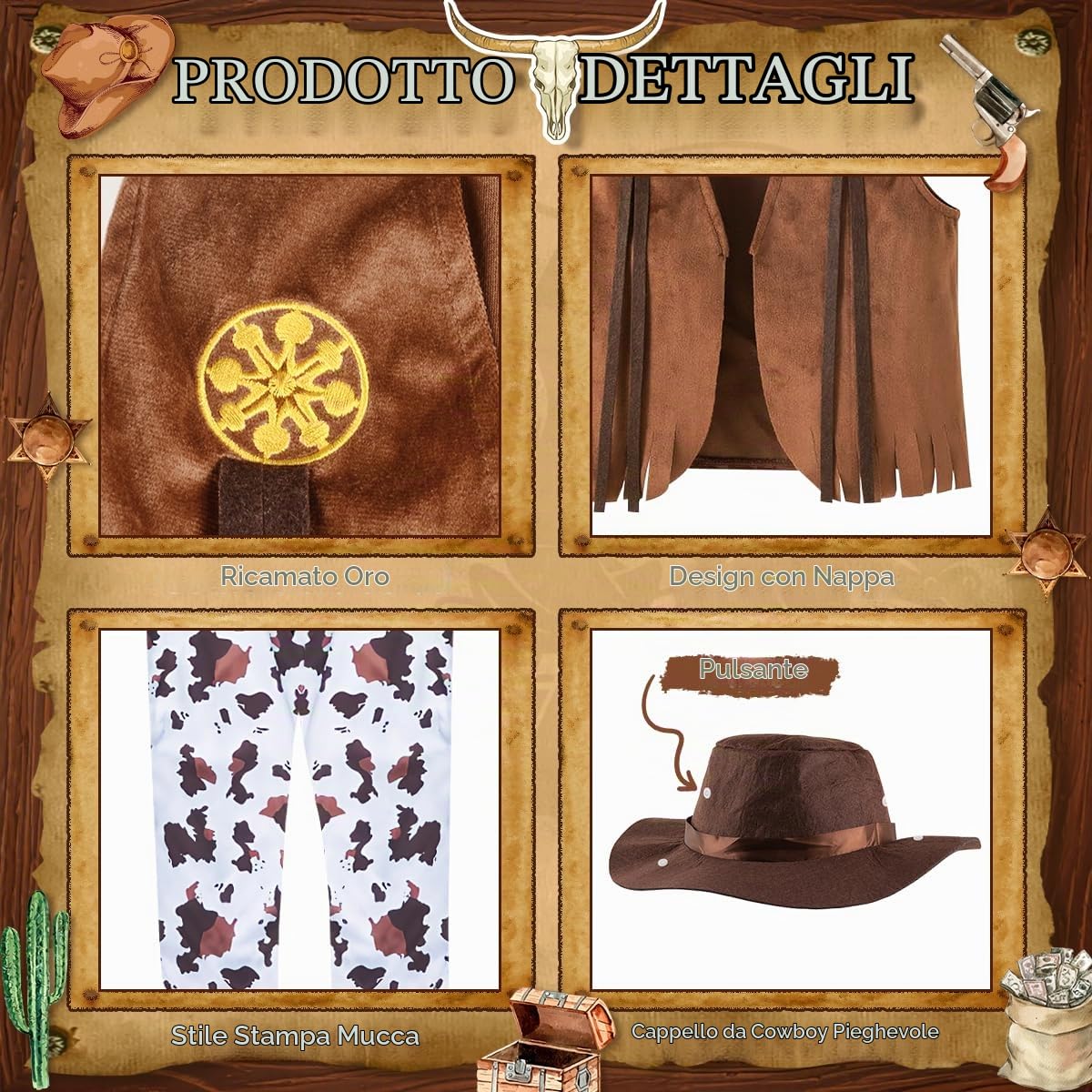 Costume Cowboy Bambino, Western Vestito da Cowboy Bambini con Gilet, Pantaloni, Cappello, Bandana Accessori, Costume da Cowboy Bambino per Halloween Carnevale Dress Up Festa Cosplay, 3-10 Anni