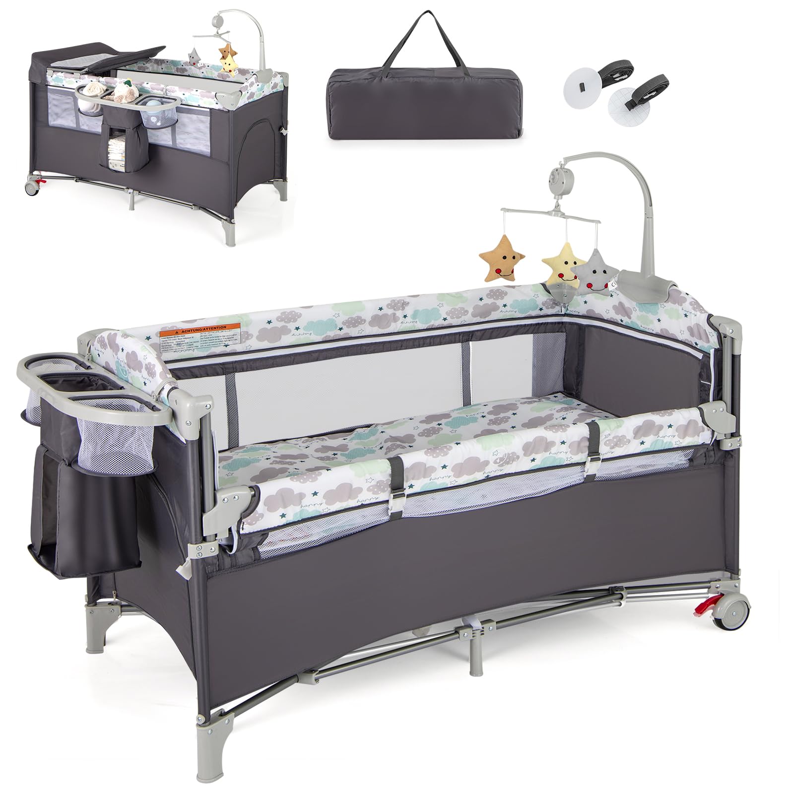 Baby Travel Cot, 5 in 1 Foldable Baby Bedside Sleeper with Bassinet Diaper Changer Mattress Toy Arch Music Box, Detachable Side Rail, Portable Crib Playard Pack and Play for Newborn Infant