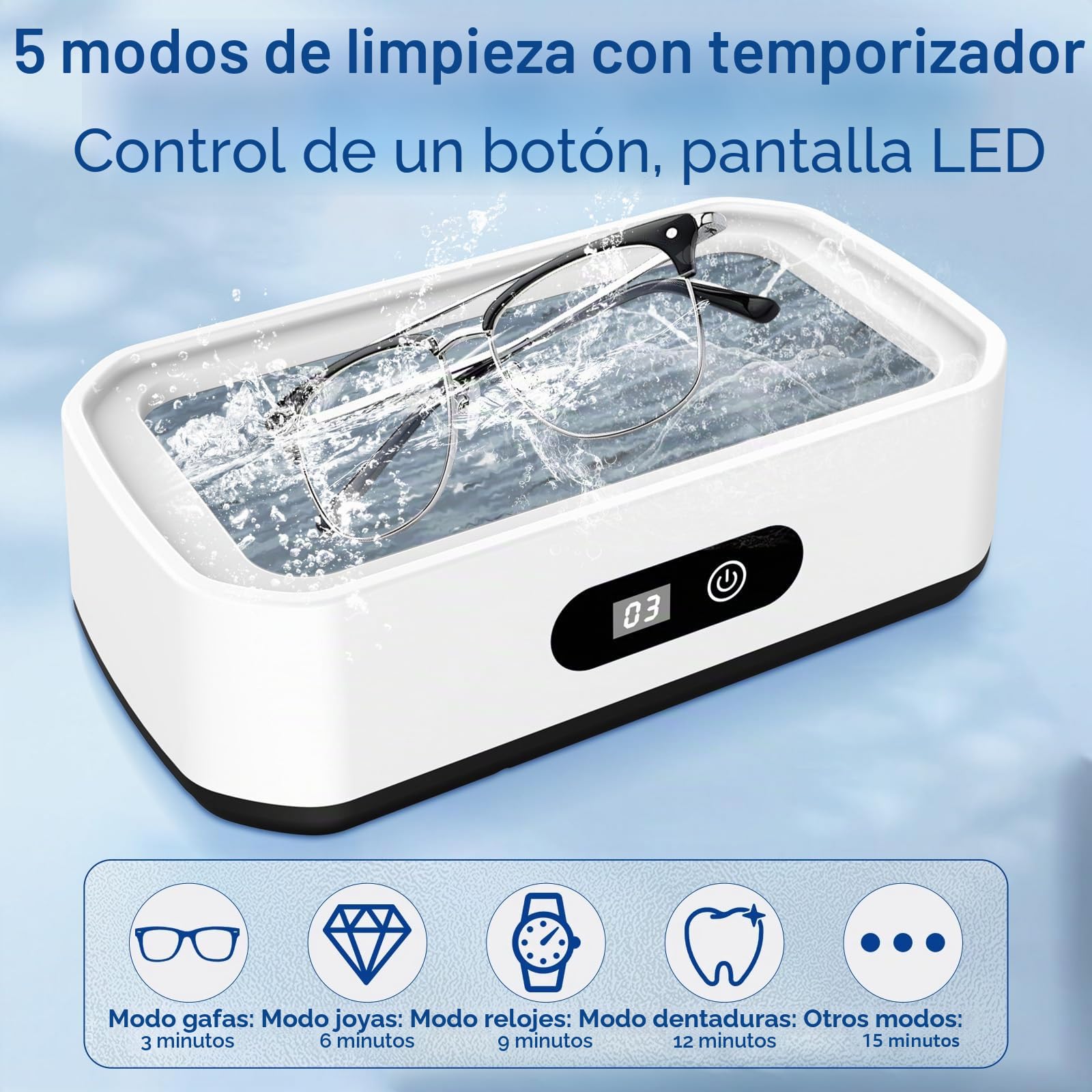 Dispositivo de Limpieza ultrasónica, 49000 Hz, Limpiador ultrasónico, Dispositivo de Limpieza de Gafas de 650 ml con 5 Funciones de Tiempo, Limpiador ultrasónico Profesional para Limpiar Gafas