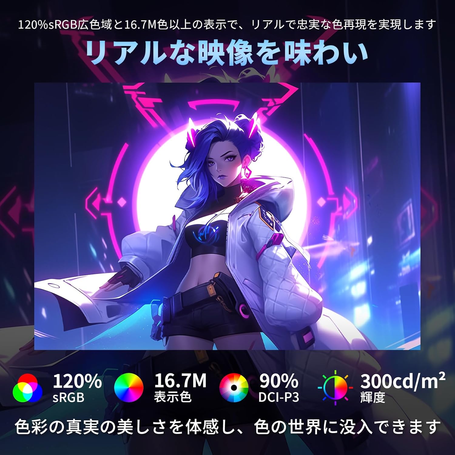 Diagram showing the monitor's color performance with 120% sRGB, 16.7M colors, 90% DCI-P3, and 300cd/m² brightness