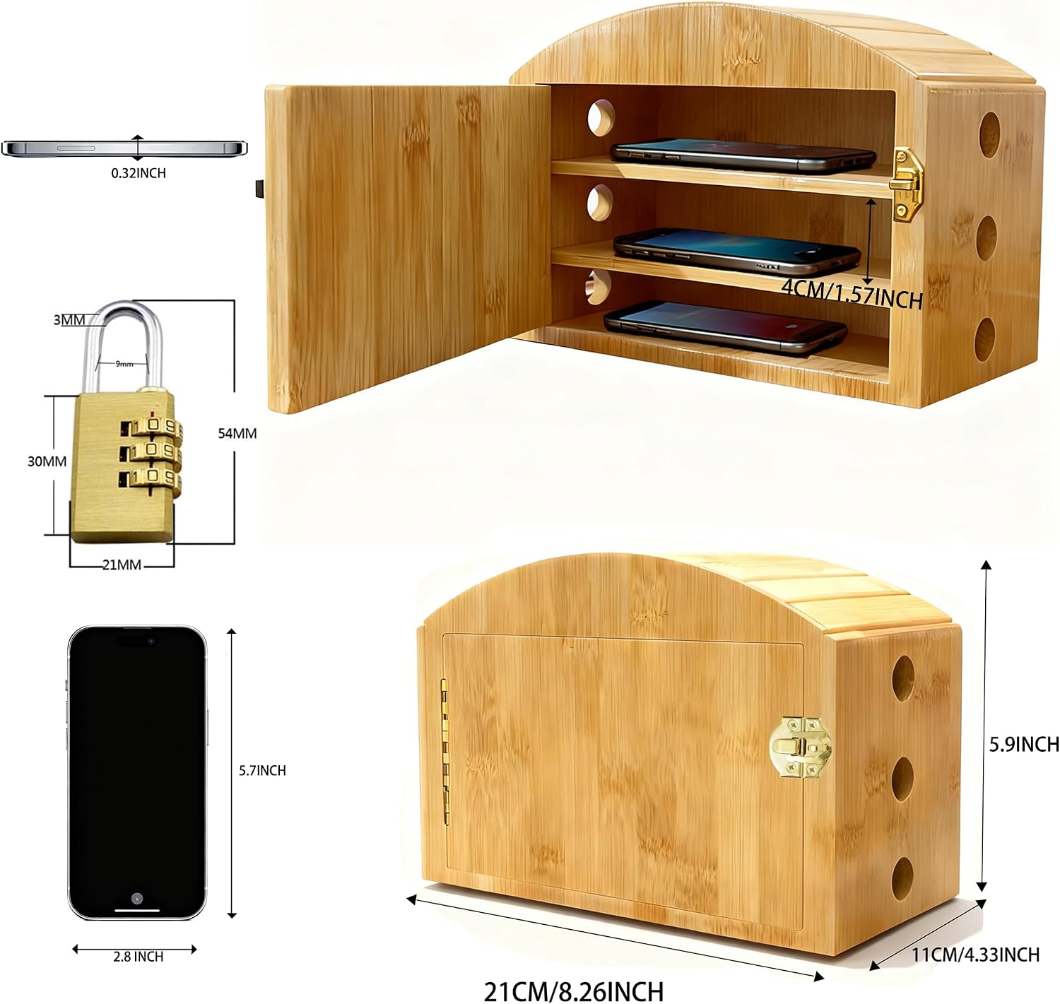 Phone Box for Family Time with Combination Lock, Premium Bamboo Wood Cell Phone Jail with 6 Charging Holes and Hold 6 Phones,Help Adults&Kids Focus Back and Reduce Distractions