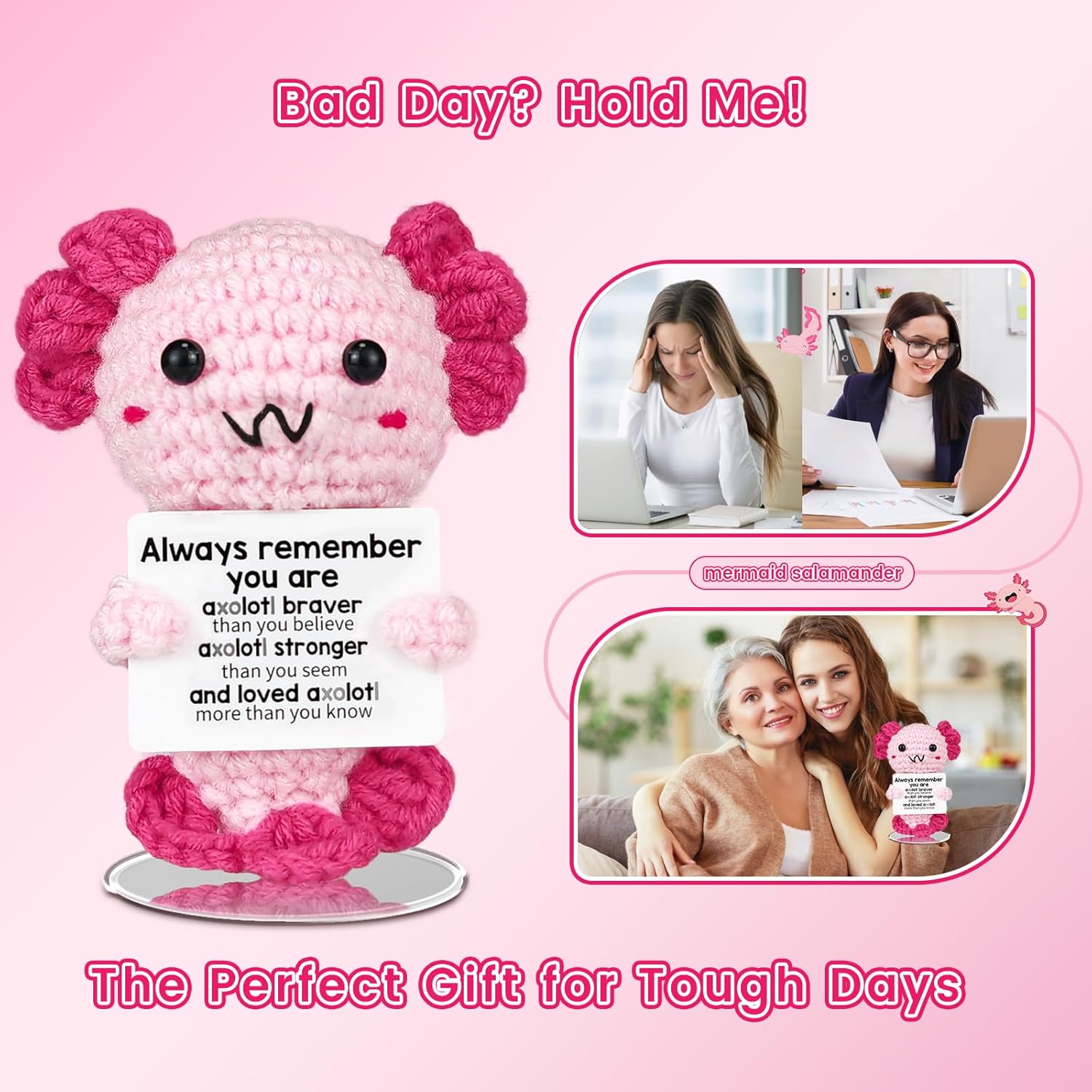 Handmade Mini Positive Crochet Animal Axolotl with Positive Card Knitted Emotional Plush Decor for Women Girls Boy Teens Friends Teenage Daughter Mom Dad Birthday Easter Valentines Christmas - Image 4