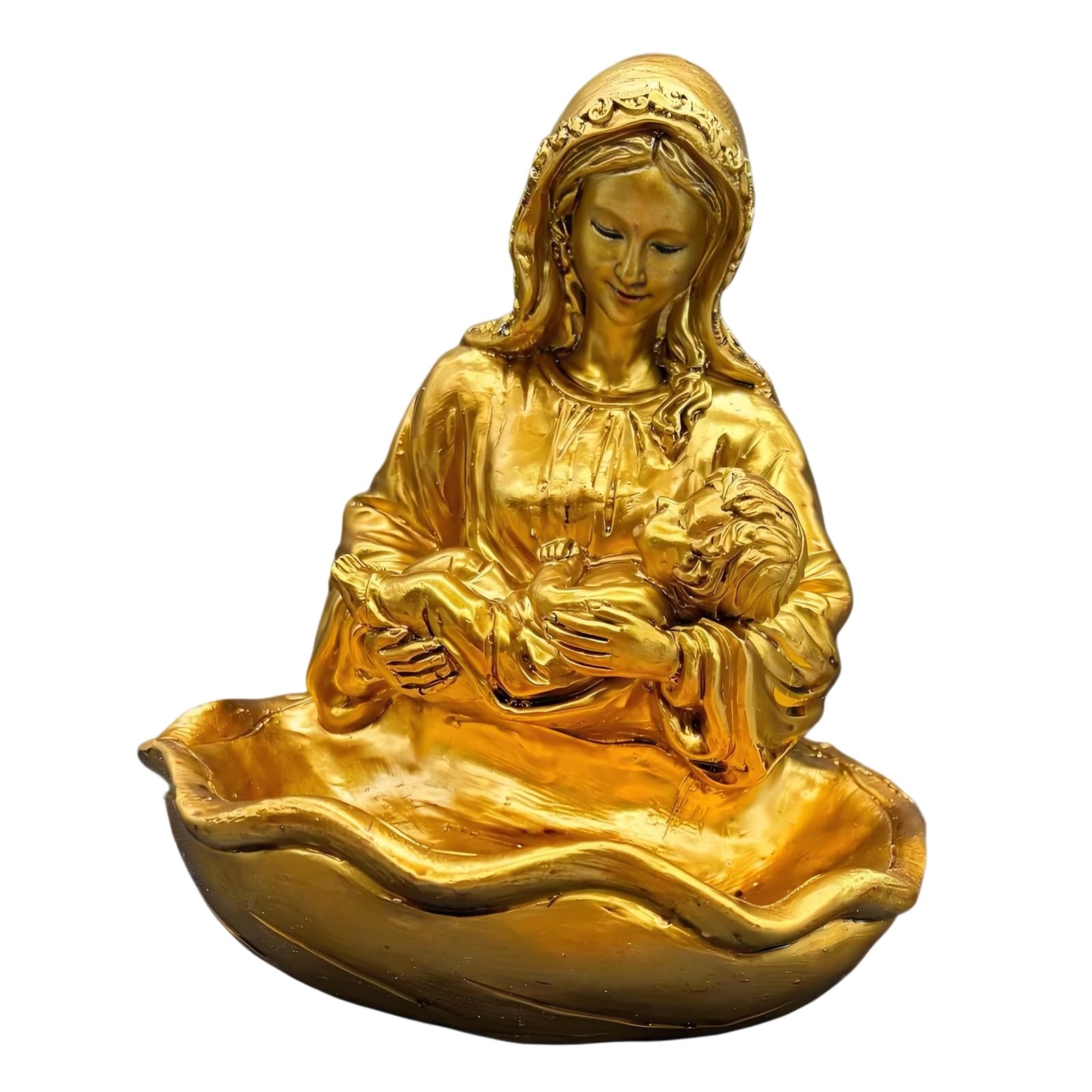 Oxxggkao Holy Mother and Child Statue Golden Resin Figurine Sculpture for Religious Occasion Rosary Holder Home Decors Figurine with Bowl