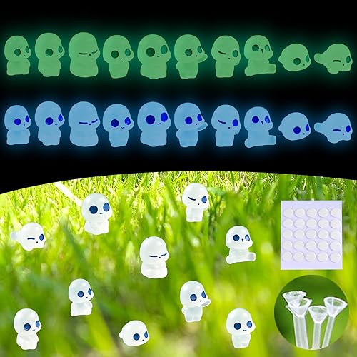 Elfos luminosos de árbol fantasma, 20 figuras que brillan en la oscuridad con base y cinta de plástico, gnomo de resina en miniatura, lindos