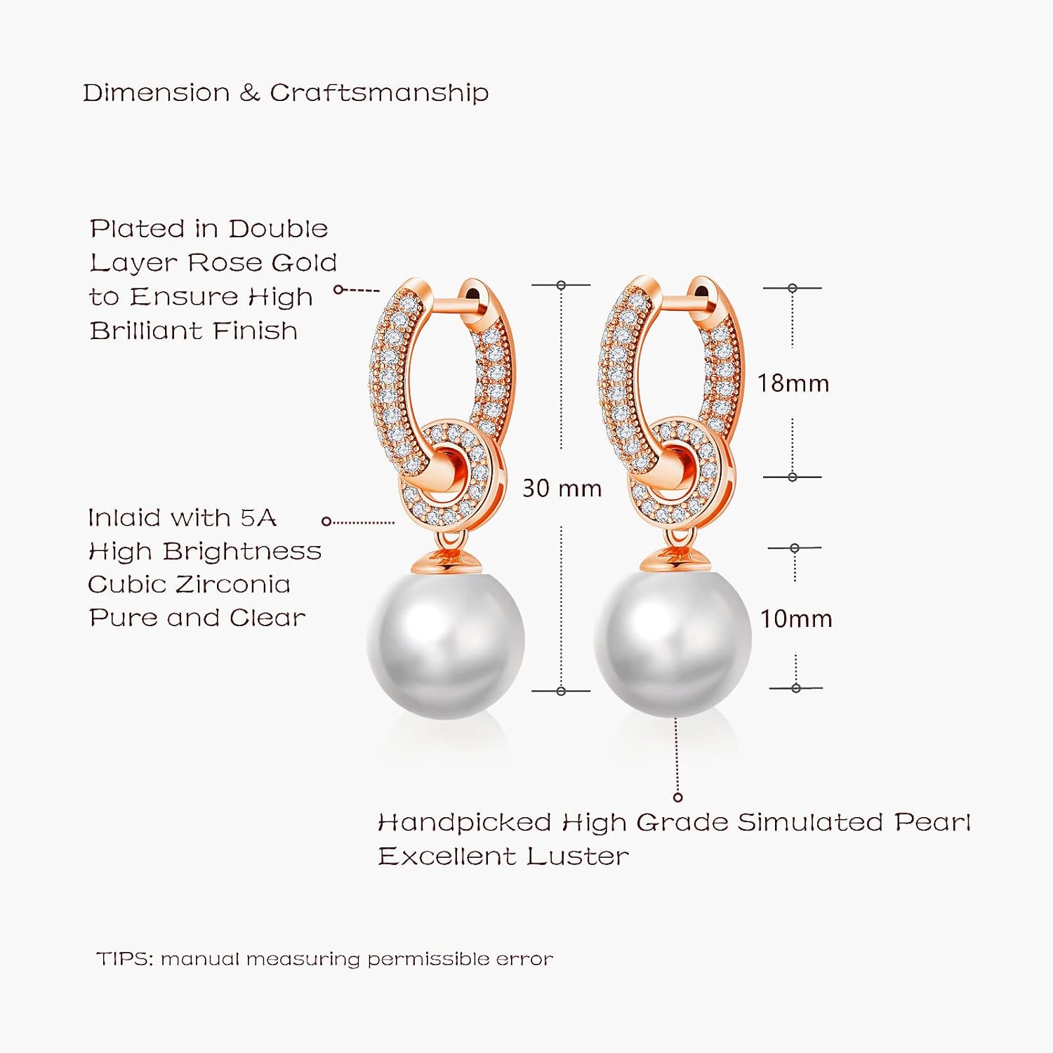 VONSSY Drop Dangle Pearl Earrings | Rose Gold Platinum Plated Silver Post Jewelry Gift for Mother Wife - Image 4
