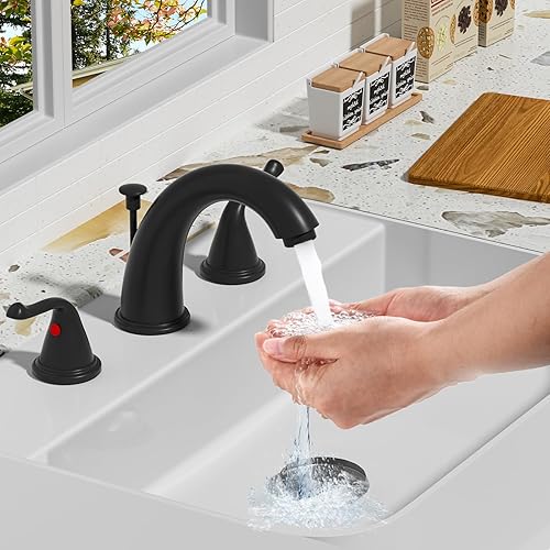Miniatura 2 de Grifo de lavabo de baño generalizado de 3 agujeros, grifo para fregadero de baño, 2 manijas negro mate grifo de baño con drenaje emergente y líneas