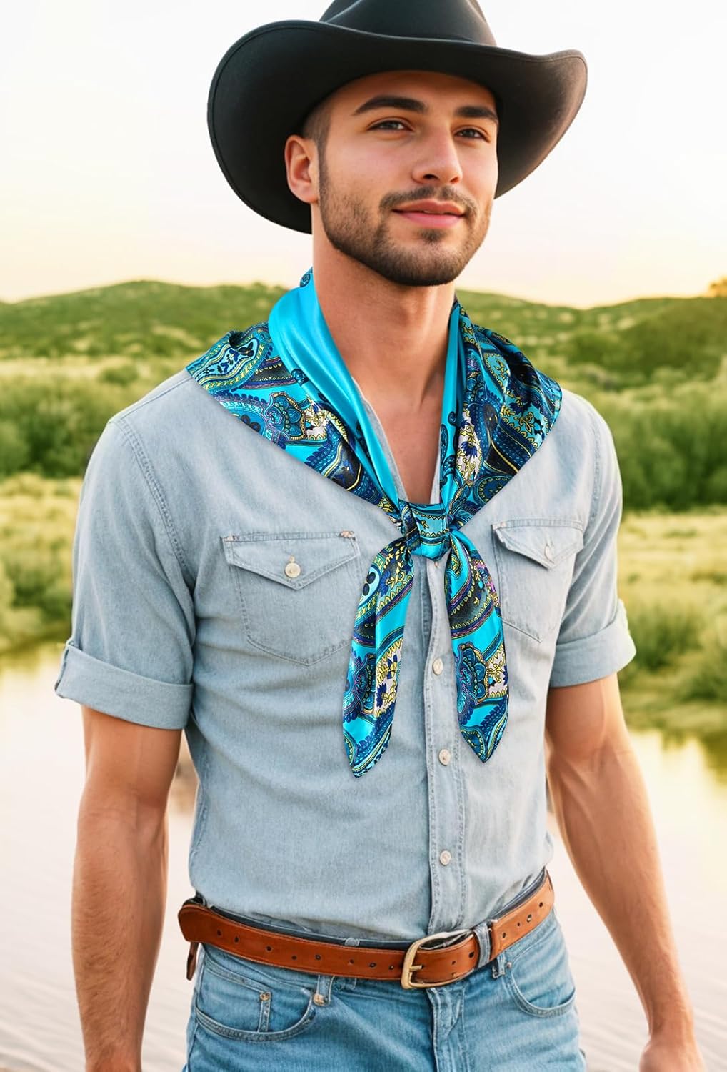 GERINLY Mens Wild Rag 2 Pack, Western Scarves Cowboy, Silk Feel Bandana Square 35 Inch - Image 5