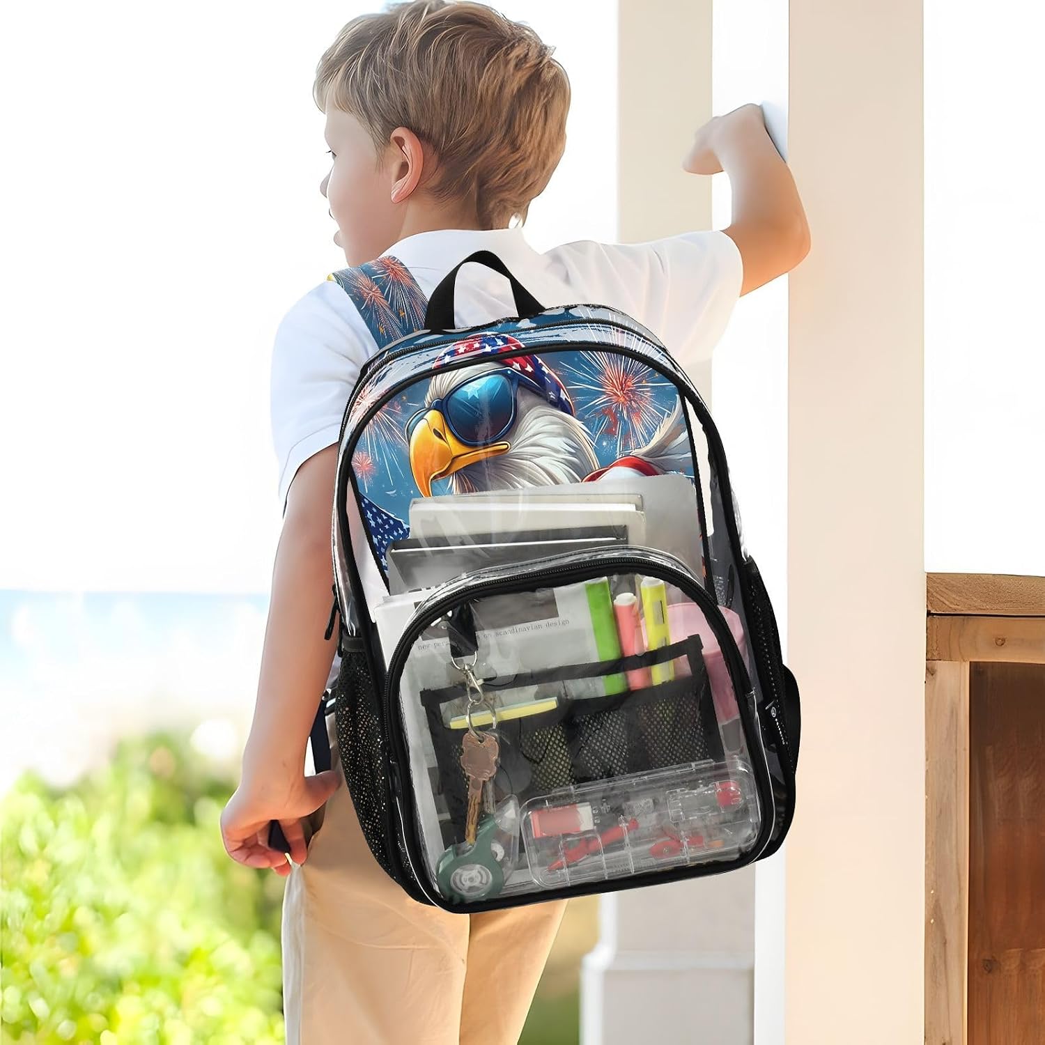 American Flag Truck Parrot Clear Backpack Heavy Duty See Through Transparent PVC BookBag for Kids Boy Girl Adult School Work
