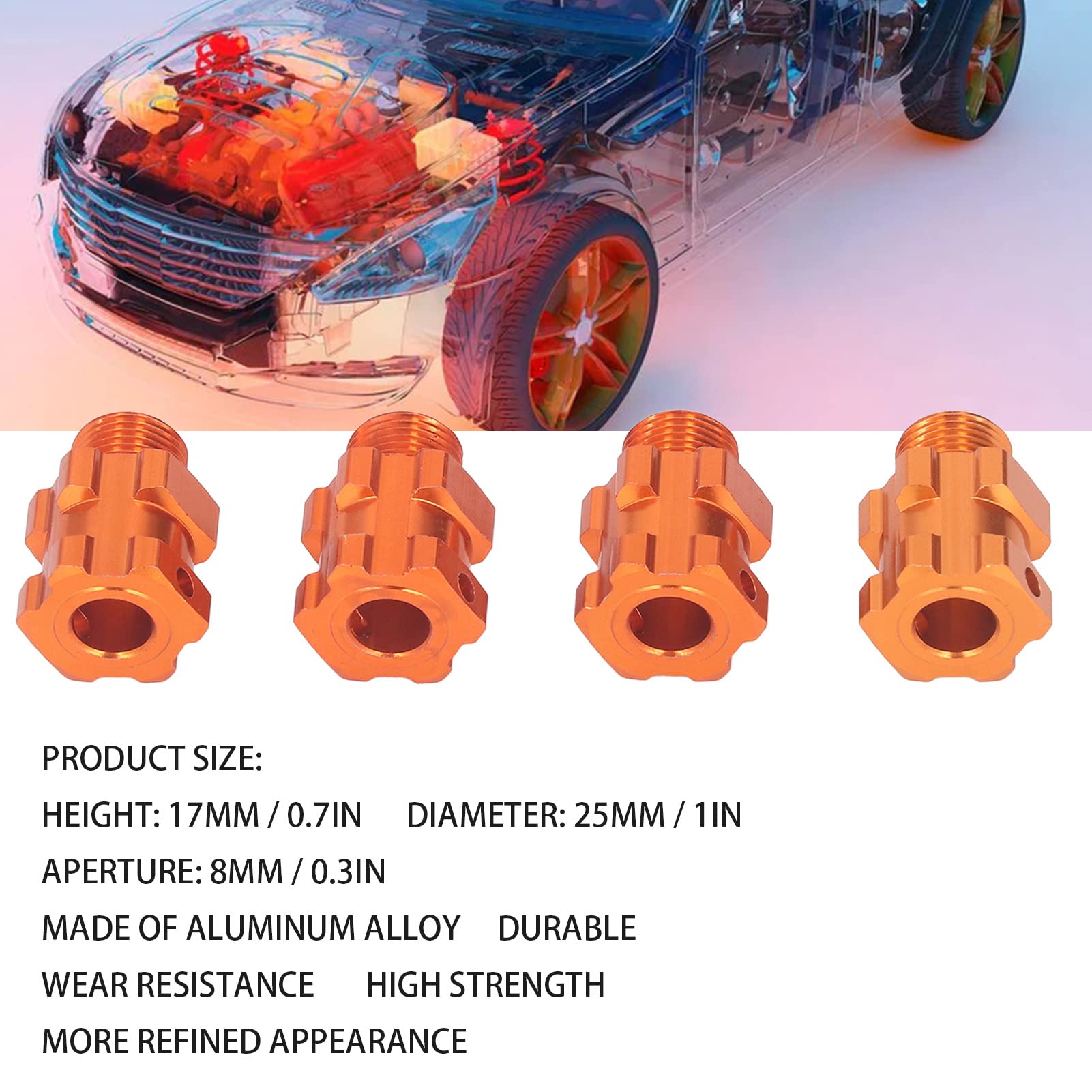 Alomejor Set 4 Adattatori Mozzi Esagonali 17 Mm In Lega Di Alluminio Per Auto RC ZD Racing 07 1/7 – Arancione