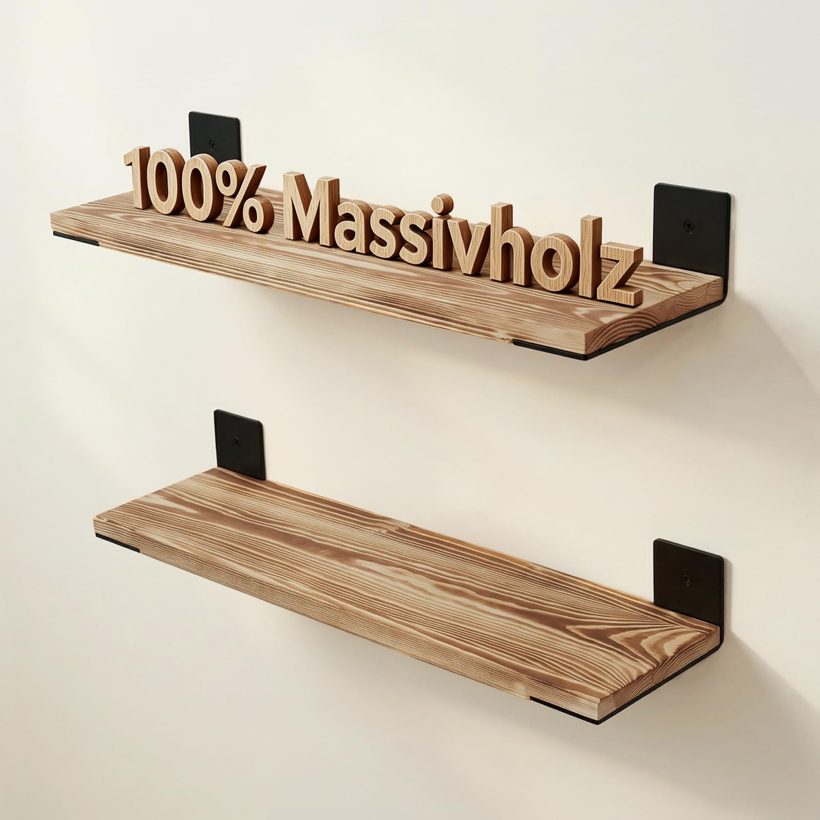 Aimato Wandregal 60cm 2er Set, Massivholz Hängeregale mit Stahlwinkel, 15kg Tragkraft Dekor-Regal für Wohnzimmer/Schlafzimmer/Büro