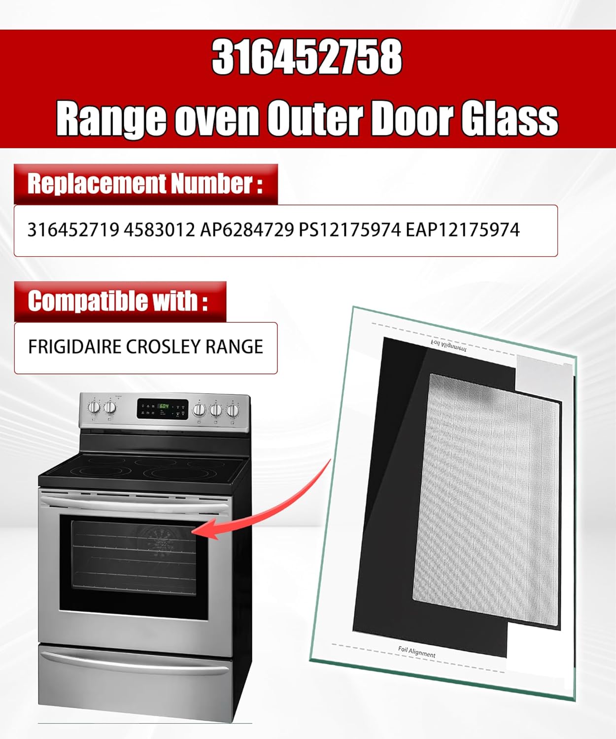 316452758 Range Oven Outer Door Glass Replacement for Frigidaire Crosley Kenmore Range Door Glass, Replaces # 316452719 4583012 AP6284729 PS12175974 EAP12175974 etc