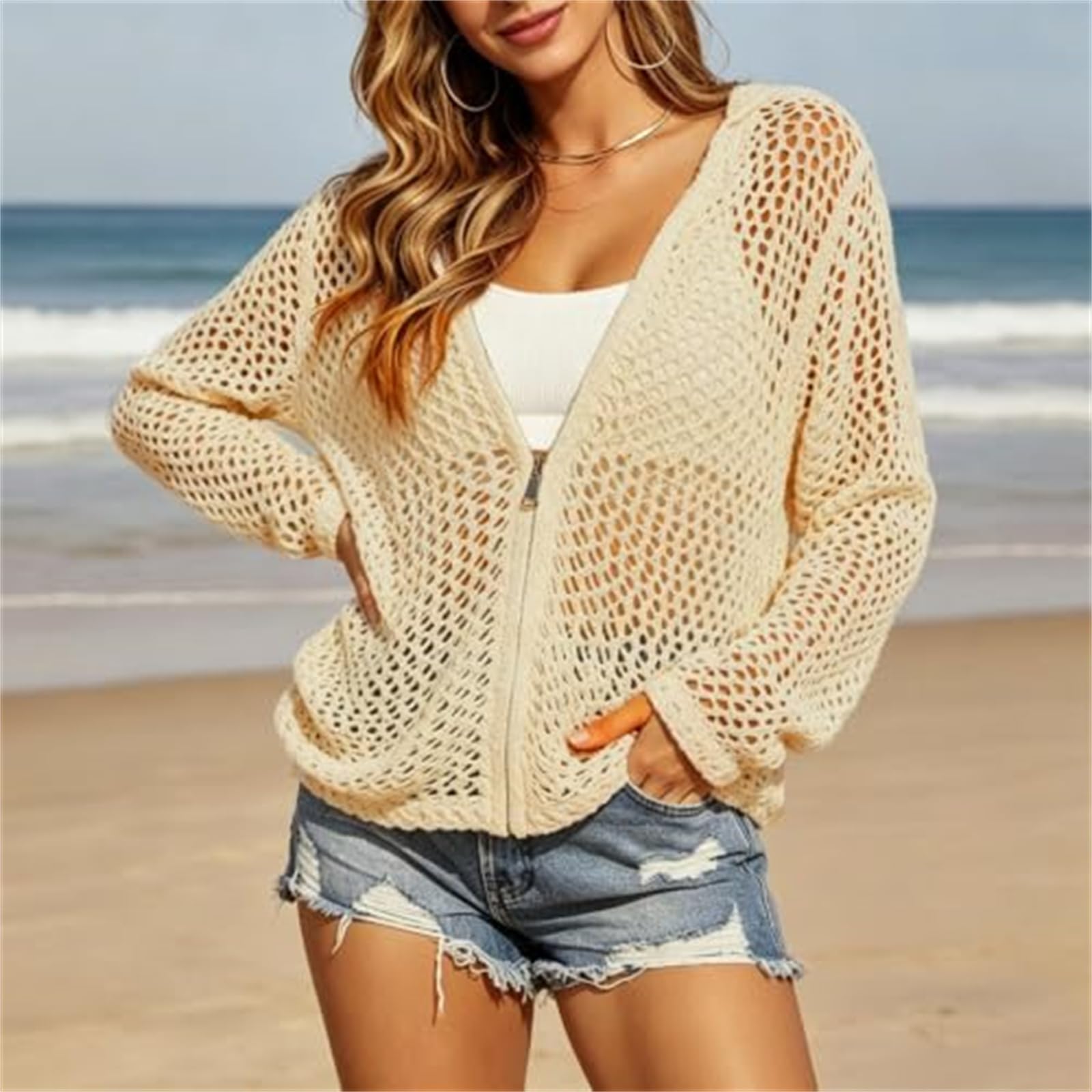 Cardigan léger en tricot à manches longues et fermeture éclair pour femme