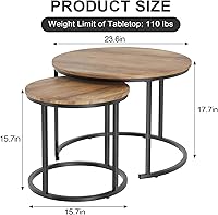 Vista 2 de Garden 4 you Mesa de Centro Anidable, Juego de Mesa de Centro Redonda de 23.6", Juego de 2 Mesas Anidables de Madera con Marco de Metal, Mesas Marrón
