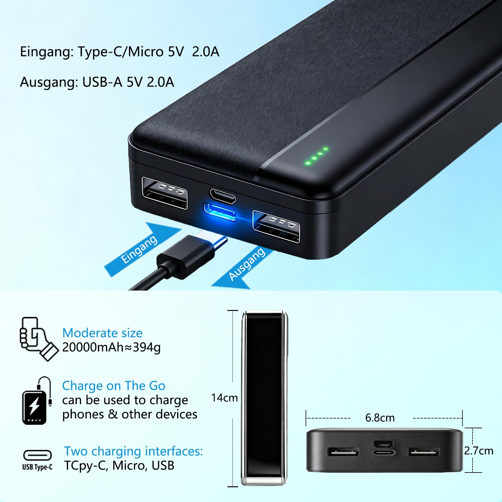 Ahigh Batterie 20 000 mAh, banque d'alimentation 5 V pour gilet, veste, manteau, pantalon et sous-vêtements chauffants, batterie de rechange pour vêtements chauffants