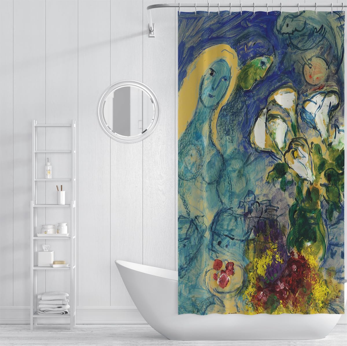 Abstrakte surrealistische Blumenkunst Duschvorhang Traumblaue Calla-Lilien Strauß-Vasenmalerei Badezimmerdekoration Duschvorhang mit Haken 200 x 240 cm