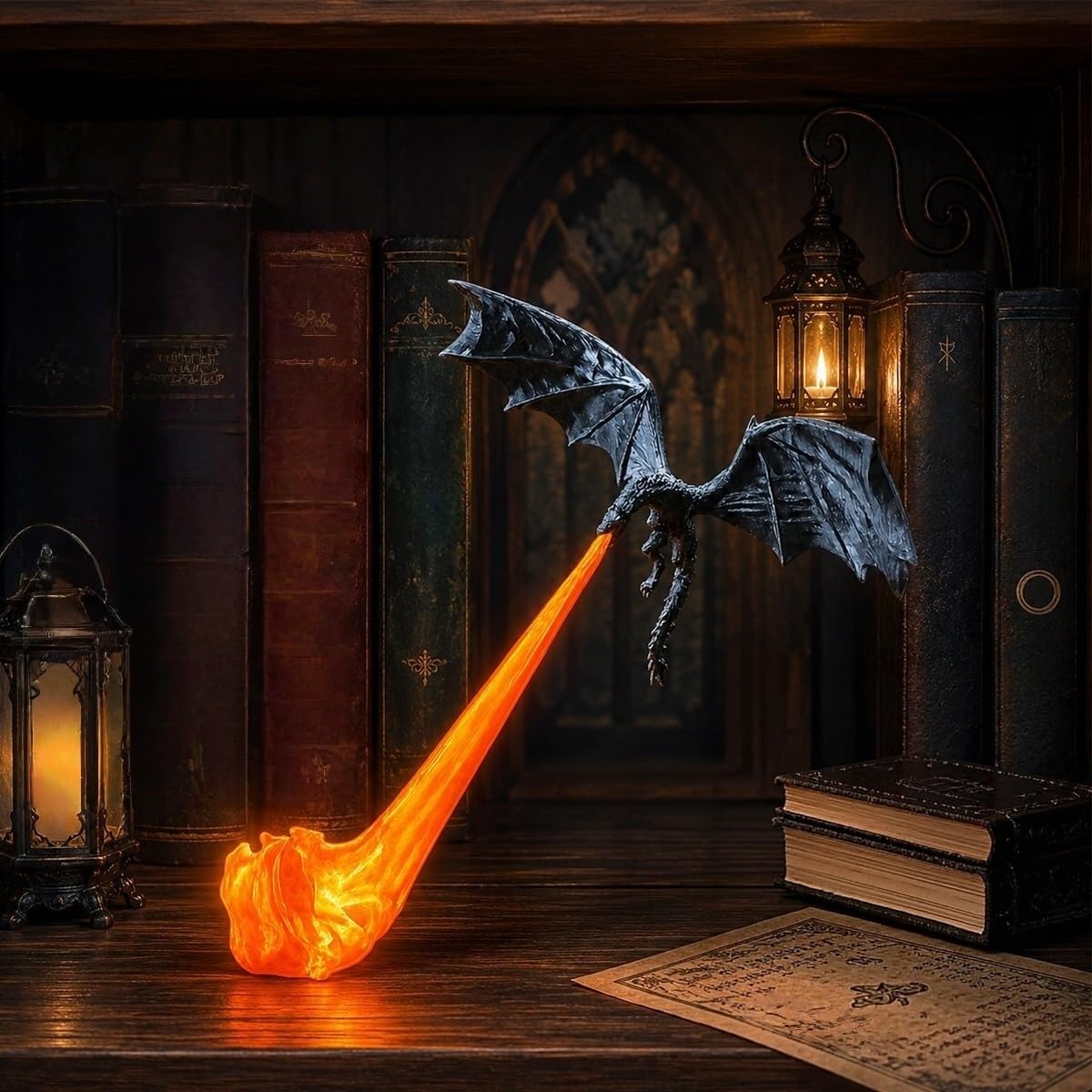 LKHYUKU Dragon Bookshelf Nook Light, 3D Printed Fire-Breathing Fantasy Shelf Decor | Flying Dragon Design | Red or Blue Flame | Large & Small Options | Book Lover Gift | Halloween Shelf Display