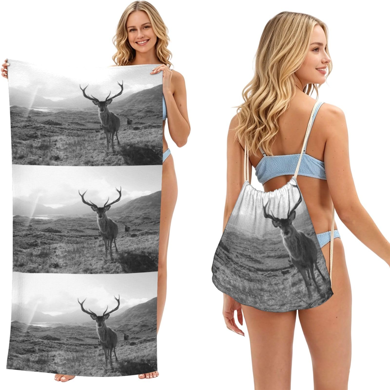 Poadnly As Picture Funny Deer, 2 In 1 Packable Towel Bag, Beach Towels With Drawstring Backpack For Travel Holiday Camping