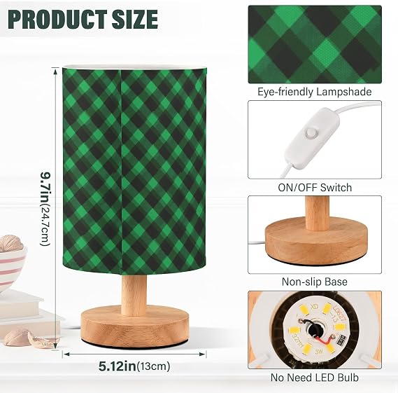 Plaid Pattern Dark Green Bedside Table Lamp Small Desk Lamps Linen Fabric Shade Decorative Nightstand Lamp LED with USB Port Wood Base for Bedroom Living Room