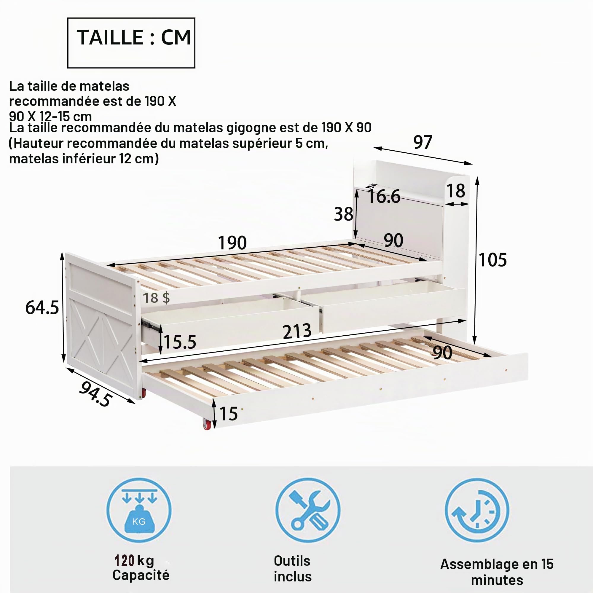 Merax Lit Enfant 90x190 cm, avec Lit Gigogne avec Rangement, pour Garcon, Fille, Blanc (sans Matelas)