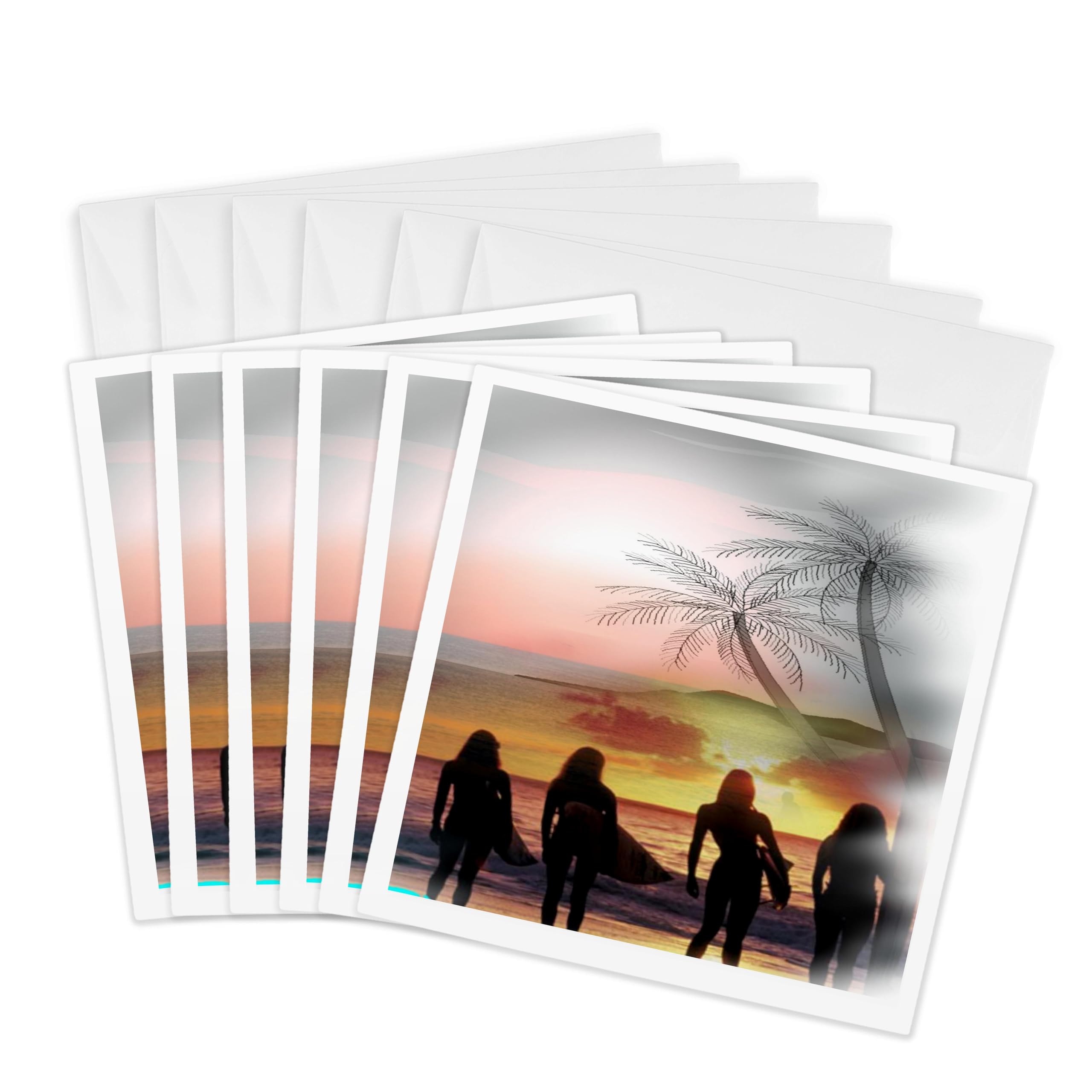 3dRose Greeting Cards - Surfer girls, beautiful sunset and last wave. A great way to end the day. - 6 Pack - Surfing Art