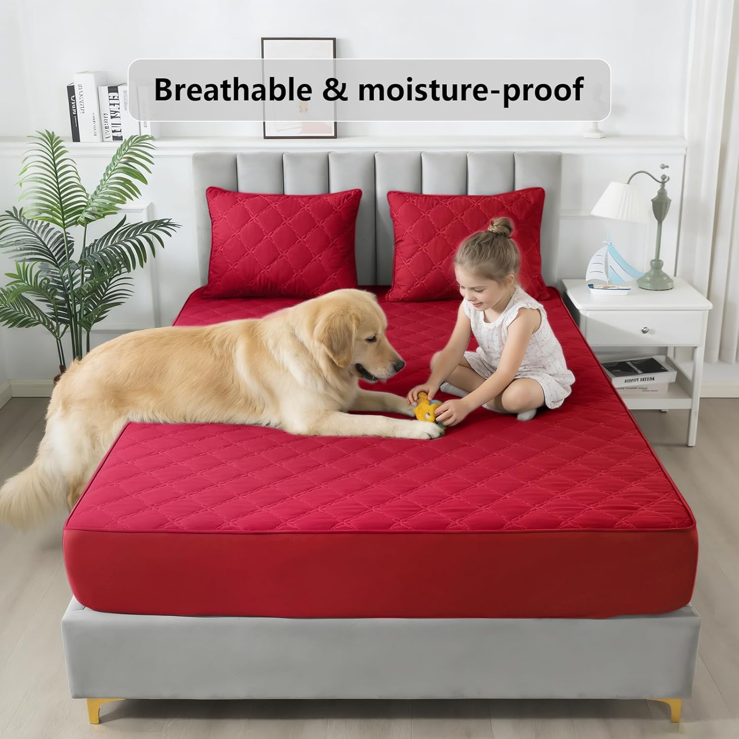 Waterproof Mattress Protector - Queen Size Mattress Pad Silent & Fitted Sheet Style | Full Bed Protection for Kids, Pets, Adults | Hypoallergenic, Machine Washable (Red, Queen)