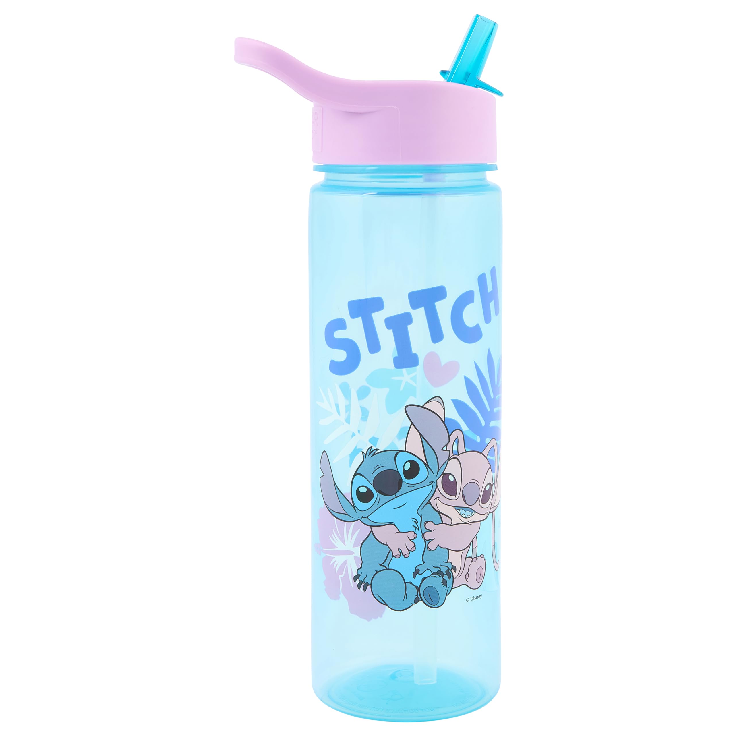 Disney Polar Gear Stitch Water Bottle with Flip Up Straw 600ml – Official Merchandise – Kids Reusable Non Spill Polypropylene - BPA Free - Ideal for School Nursery Sports Picnic