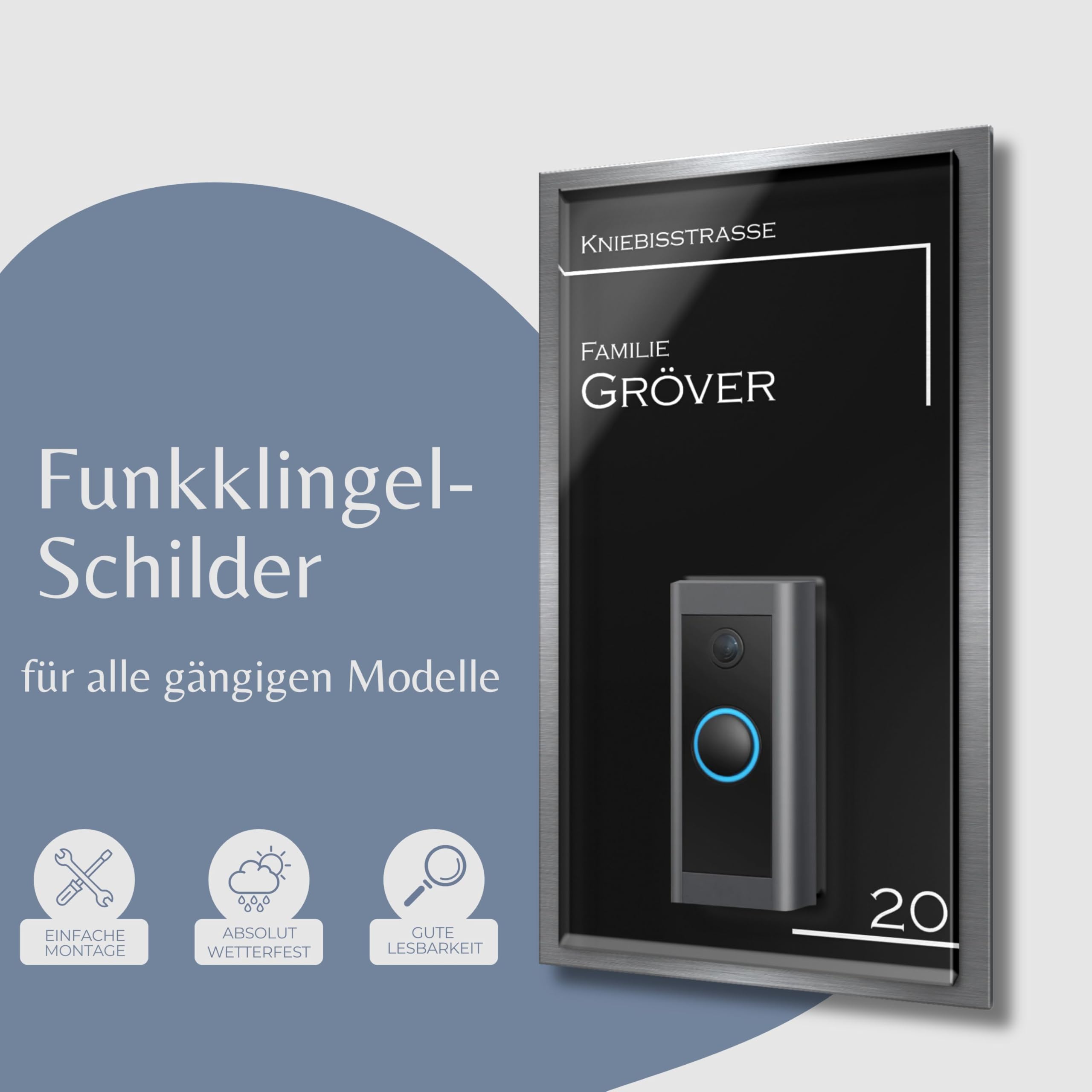 Hochglanz Klingelschild für Reolink Video Doorbell WiFi & PoE aus Acrylglas - personalisiertes Türschild aus Edelstahl & Acrylglas | hochwertiges Funkklingel Zubehör