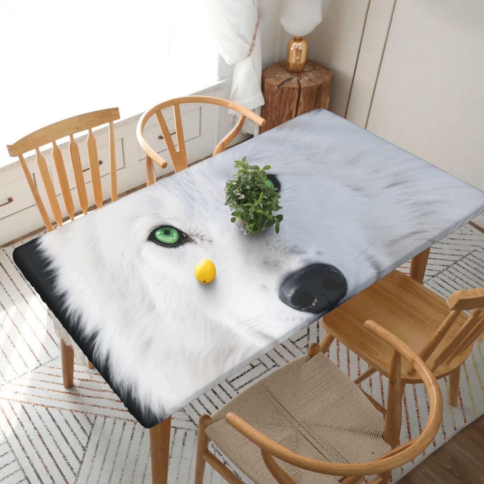 Fodpand Black Cool White Wolf With Green Eyes Spandex Fitted Tablecloth For 5 Foot Rectangle Tables,Waterproof Picnic Table Cover Stretch Table Cloth Washable Table Protector For Picnic, Camping, Outdoor
