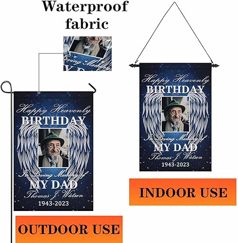 Miniatura 3 de Bandera conmemorativa personalizada para jardín con nombre de foto, fecha para patio al aire libre, decoración de cementerio para tumba, doble cara,
