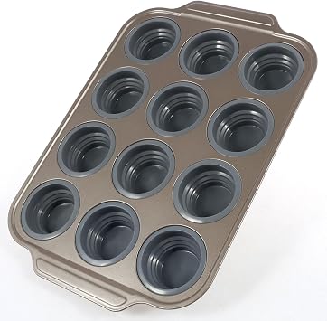 Mini Muffin Pan 12 Cavity Silicone Cupcake Pan with Metal Frame Non Stick Foldable Temperature Resistant Egg Bites Pans With Double Handle for Ovengrey,1