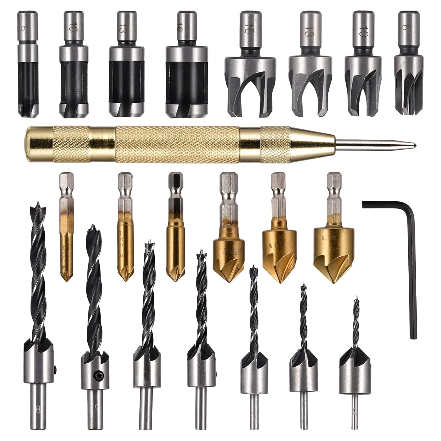 VideoPUP 23Pcs Woodworking Drilling Chamfer Tool, 8PCS Wood Plug Cutter, 6pcs 1/4" Hex 5 Flute 90 Degree Countersink Drill Bits,7pcs Countersink Drill Bit, L-Wrench, Automatic Center Punch
