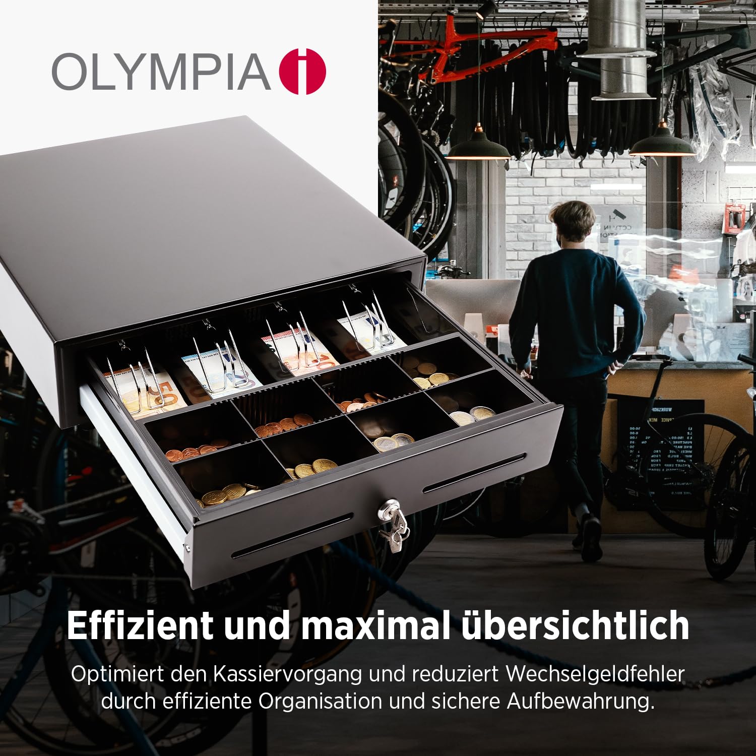 Olympia LD 410AT Kassenschublade | Geldkassette abschließbar mit Einwurfschlitz | RJ12-kompatibel | 8 Münz- & 4 Scheinfächer + Halteklammern | Metallgeldbox für Handel & Gastronomie | 41,5x41x10,4 cm