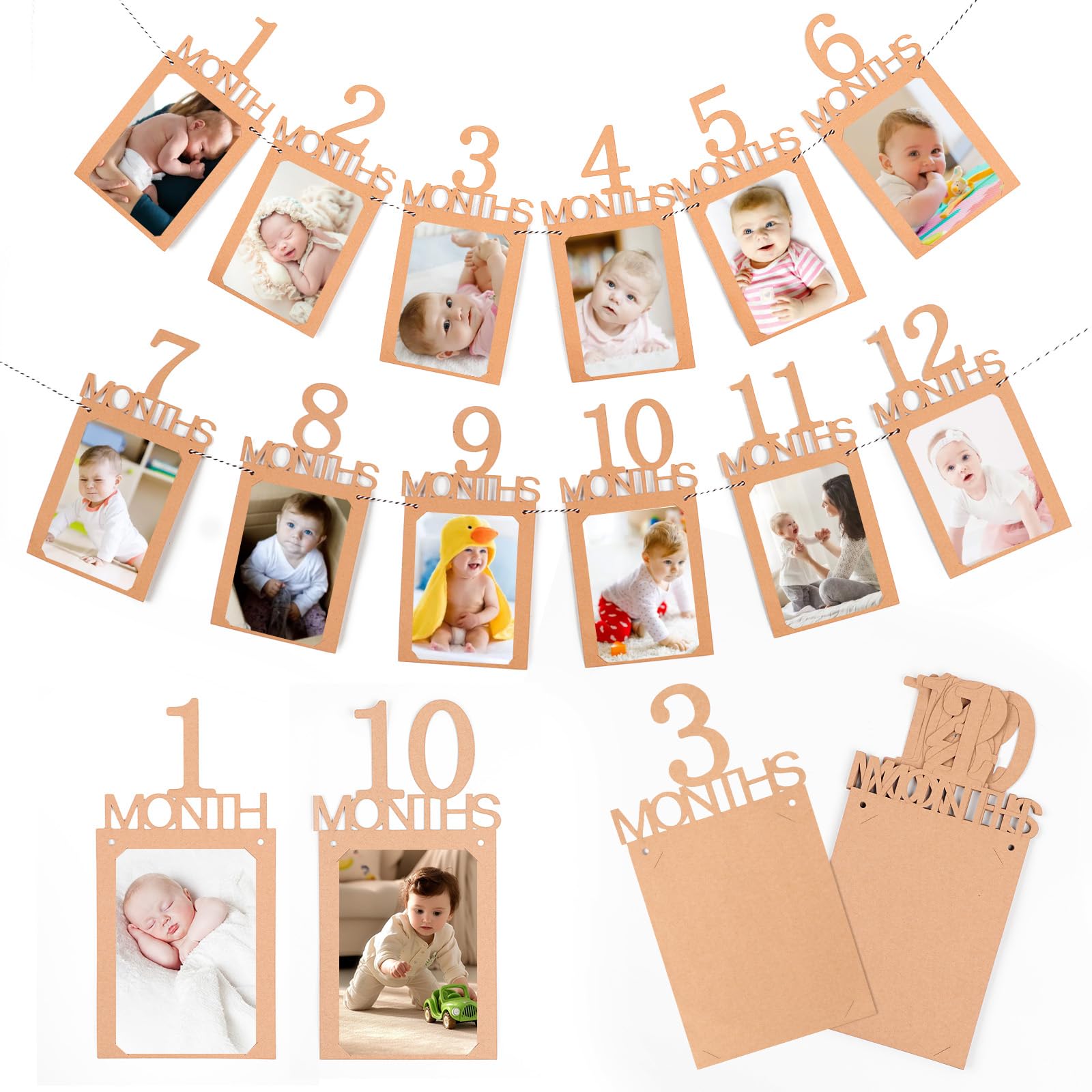 Romon Foto Banner, 1er Cumpleaños Guirnalda de Fotos Primer Año, Banner con Banderines para Primer Cumpleaños Bebé, Fiesta de Primer Cumpleaños Decoraciones per Niño Niñas, 12 Tarjetas de Papel Kraft