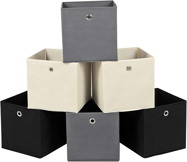 SONGMICS Set of 6 Storage Boxes, Non-Woven Fabric Foldable Storage Cubes and Toy Clothes Organiser Bins, 2 Grey+ Black+ Beige RFB06GHM,30 x 30 x 30 cm