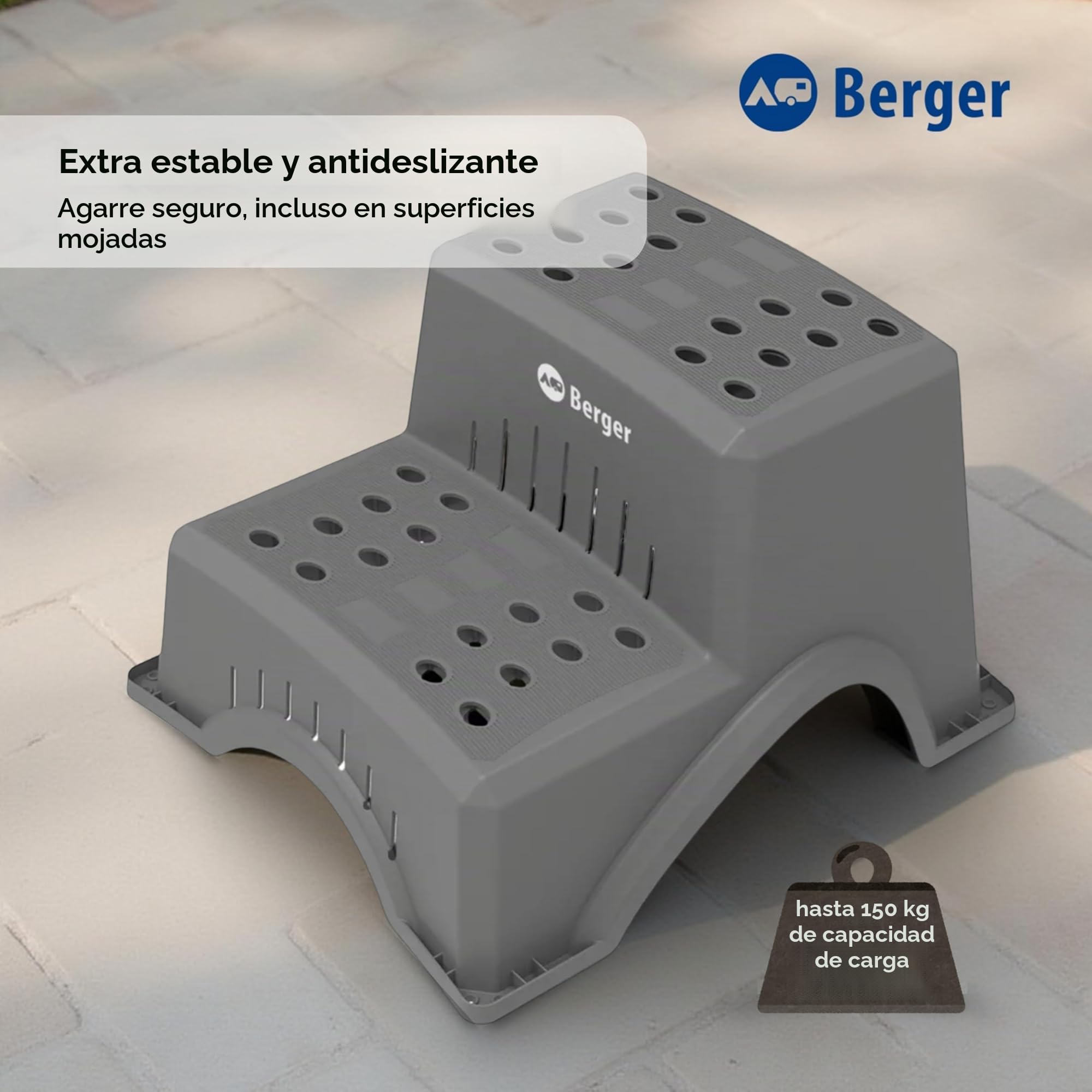 BERGER | Escalón Doble para Caravanas - Escalera Caravana Estable, Robusto y Antideslizante, Soporta hasta 150 Kg, Ideal para Autocaravanas y Caravanas
