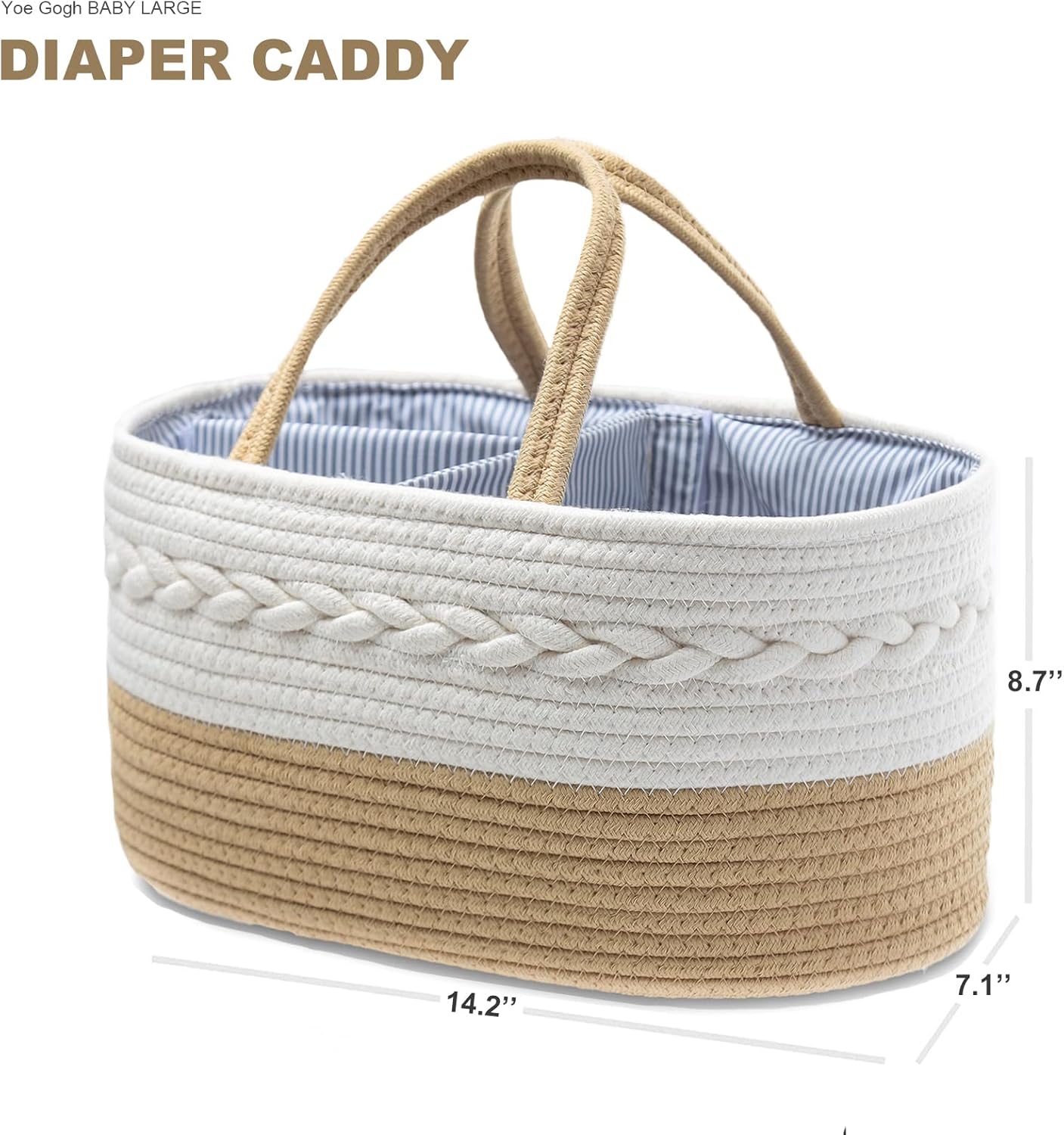 Baby Diaper Caddy Organizer, Rope Woven Nursery Storage Basket with Adjustable Divider, Portable Car Travel Diapers Organizer, Large Capacity Caddies (Khaki)