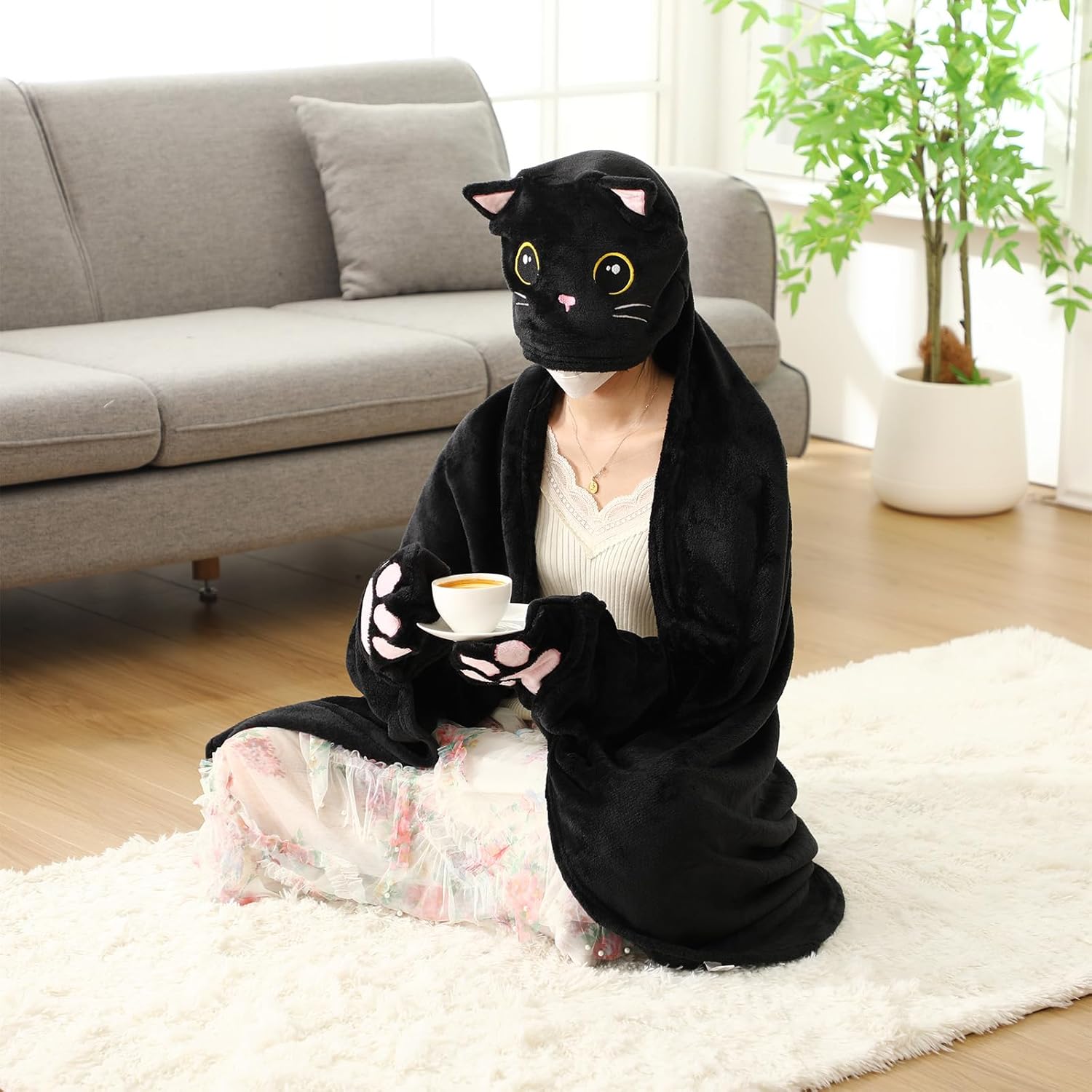 Peryiter Cat Wearable Blanket Hoodie - Valentine Black Cat Gift Adults Oversize Soft Flannel Cloak Wrap Throw Hooded Blanket for Women Men - Image 7