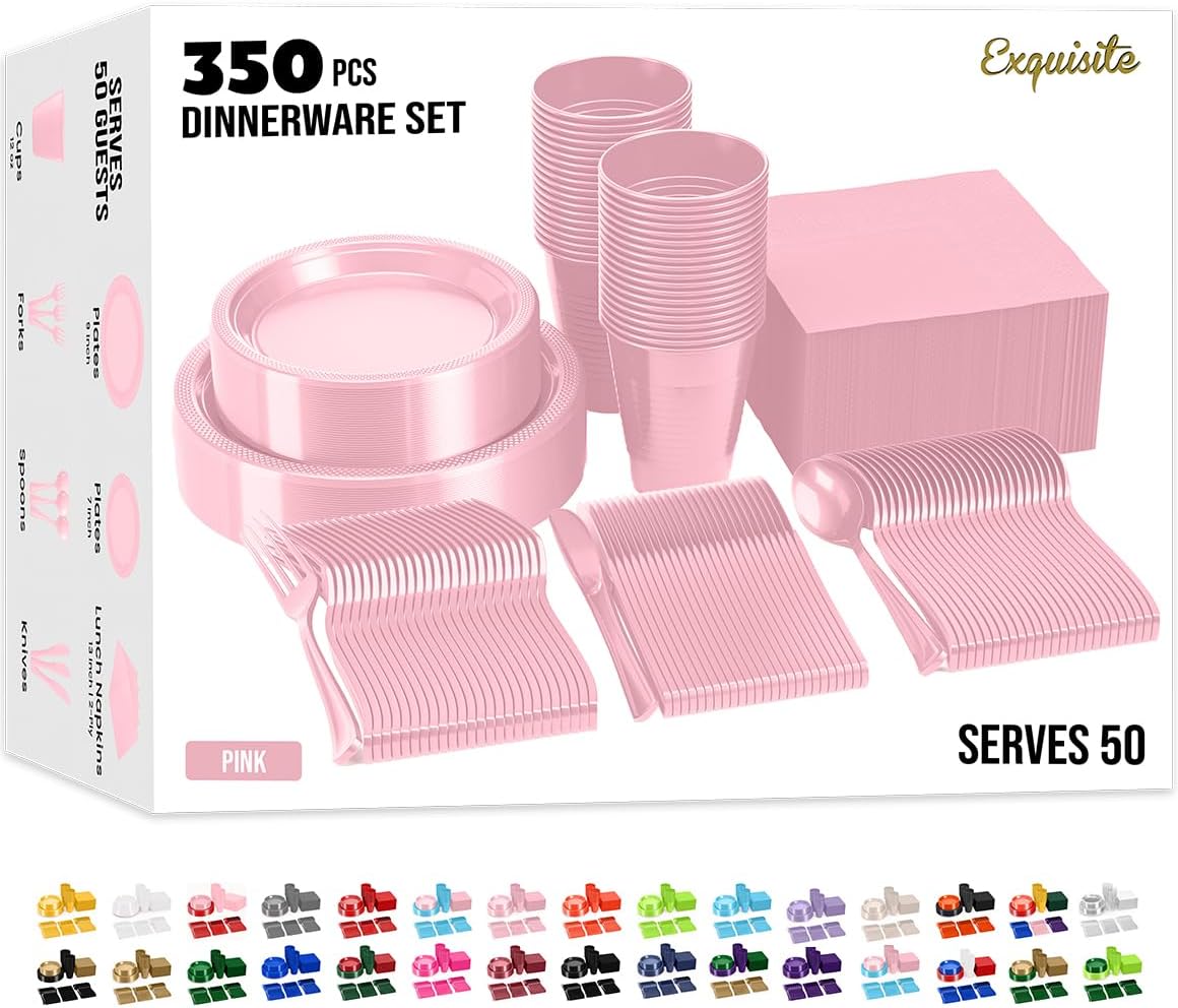 350 Pcs Pink Plastic Plates For Party, Pink Disposable Plates Set, 50 Of Each 9" Dinner Plate Set, 7" Dessert Plate, Cups, Napkins & Cutlery Plastic Dinnerware Set Exquisite
