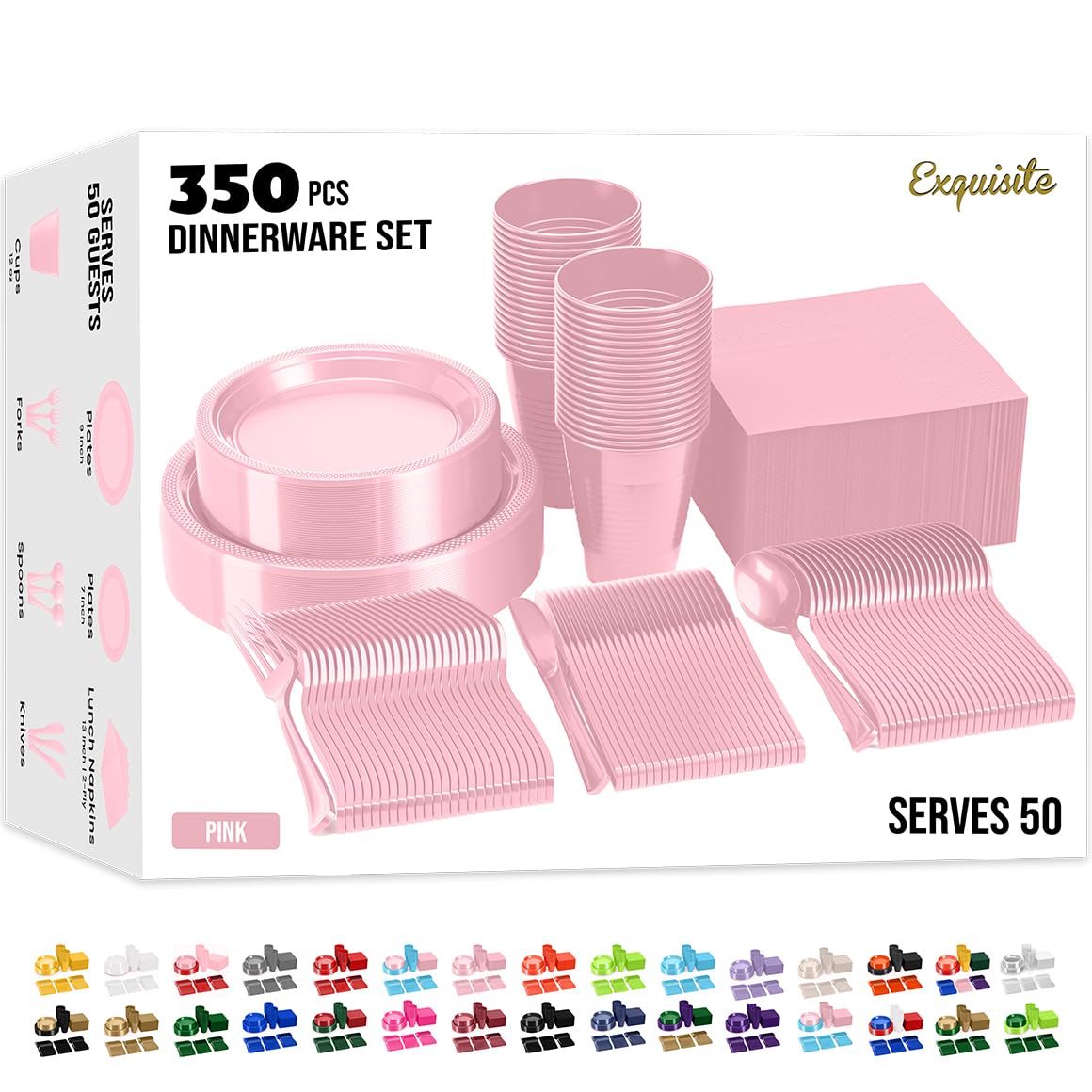 350 Pcs Pink Plastic Plates For Party, Pink Disposable Plates Set, 50 Of Each 9" Dinner Plate Set, 7" Dessert Plate, Cups, Napkins & Cutlery Plastic Dinnerware Exquisite