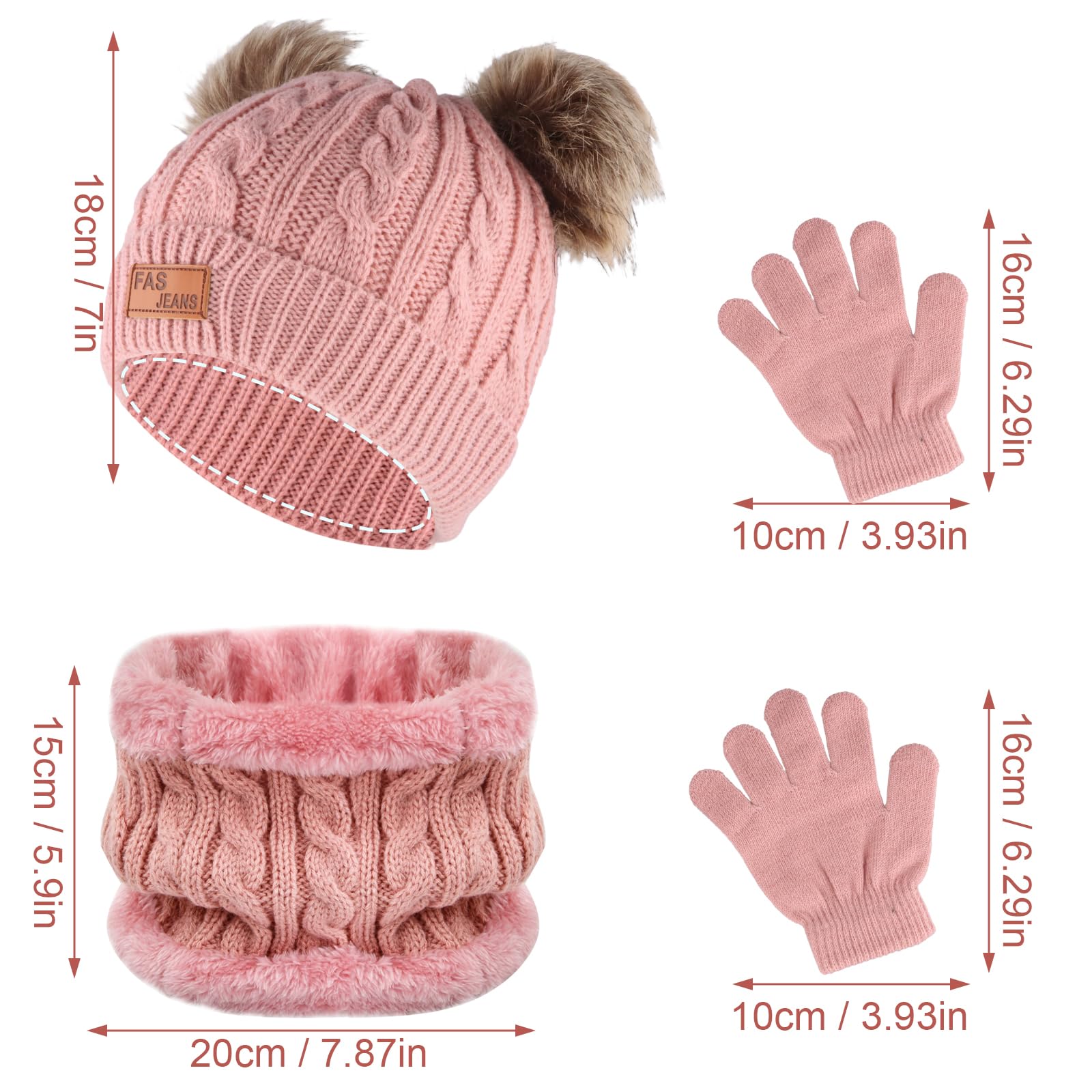 volumoon Zestaw 3 czapek, szalików, rękawiczek dla dzieci, czapka beanie, okrągły szal z polarową podszewką, zestaw ciepły, zimowy zestaw dzianin, czapka szalik i rękawiczki dla chłopców, dziewcząt w