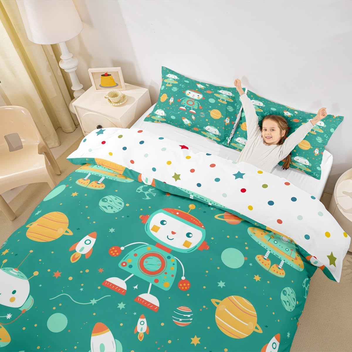 Kawaii Robot Duvet Cover Set Toddler Size Universe Spacecraft Rocket Comforter Cover Cartoon Sci-Fi Robots Bedding Set 2pcs for Kids Starry Galaxy Planet Bedspread Cover,Comforter Not Included