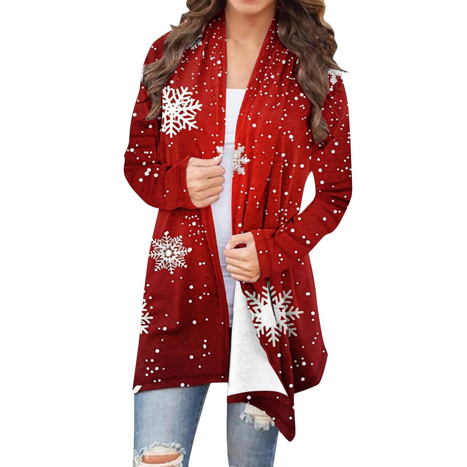 Christmas Cardigan for Women Plus Size Long Sleeve Open Front Lightweight Snowflake Print Christmas Sweater Tops