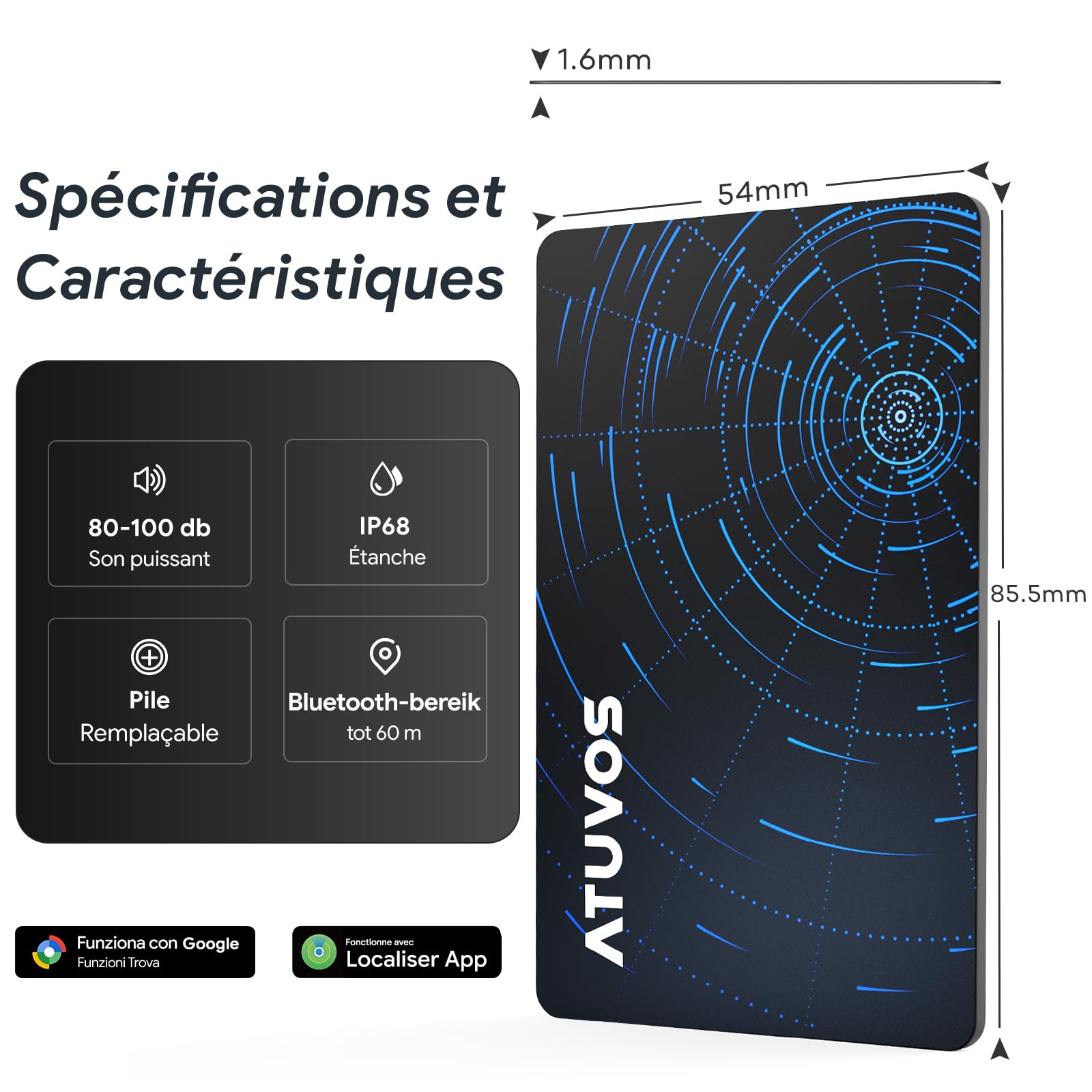 ATUVOS Air Tag Traceur Lot de 2 Système Double, Wallet Tracker Carte Ultra-Fin Compatible avec iOS Apple et Android Google Localiser App, Localisateur Intelligent pour Portefeuille/Valise/Sac/Bagages