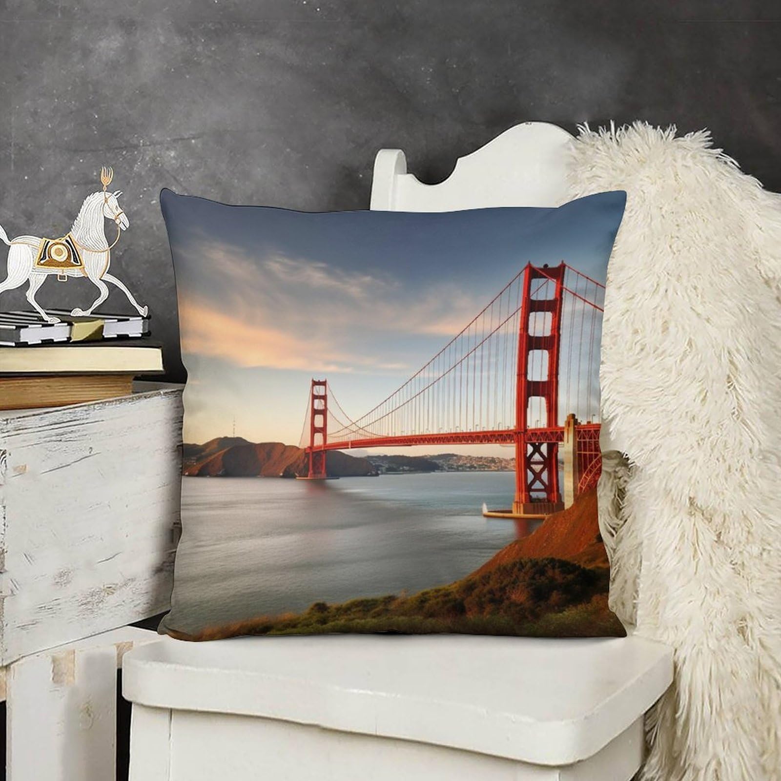 FodPand Decorative Golden Gate Bridge Throw Pillow Covers 16x16 Soft Plush Cozy Cushion Cases with Invisible Zipper Body Pillowcase Square Accent Pillow Shams for Couch Sofa Bedroom Living Room