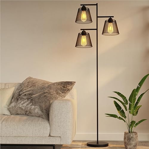KableRika Lámpara de pie de árbol con 3 pantallas giratorias, lámpara de pie industrial resistente, enchufe E26, lámparas de poste alto para sala de