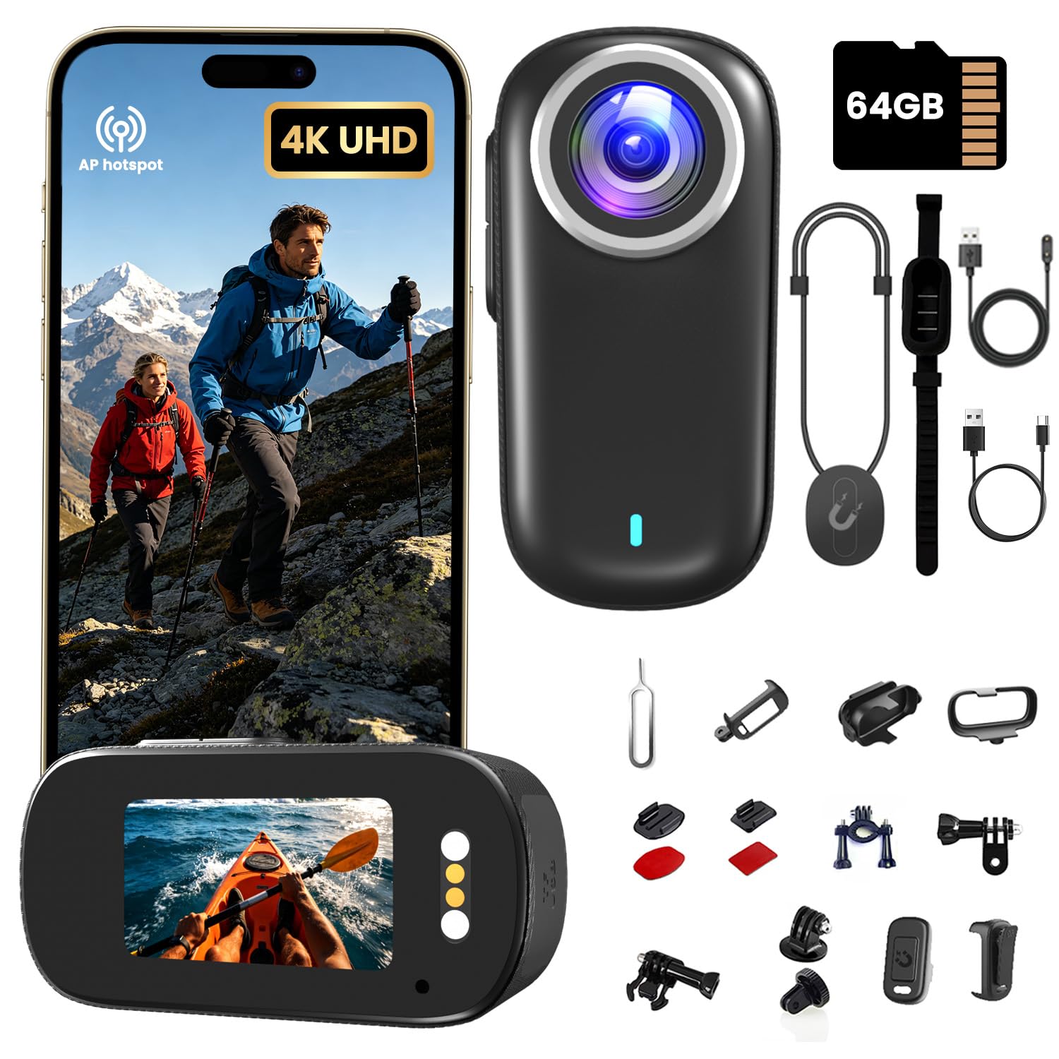 Body Cam, Mini Action Cam 4K 64 GB, Bodycam POV Camera con Batteria da 1200 mAh(220min), Action Camera Impermeabile IP65, Compatta Telecamera Casco Moto Vlogging